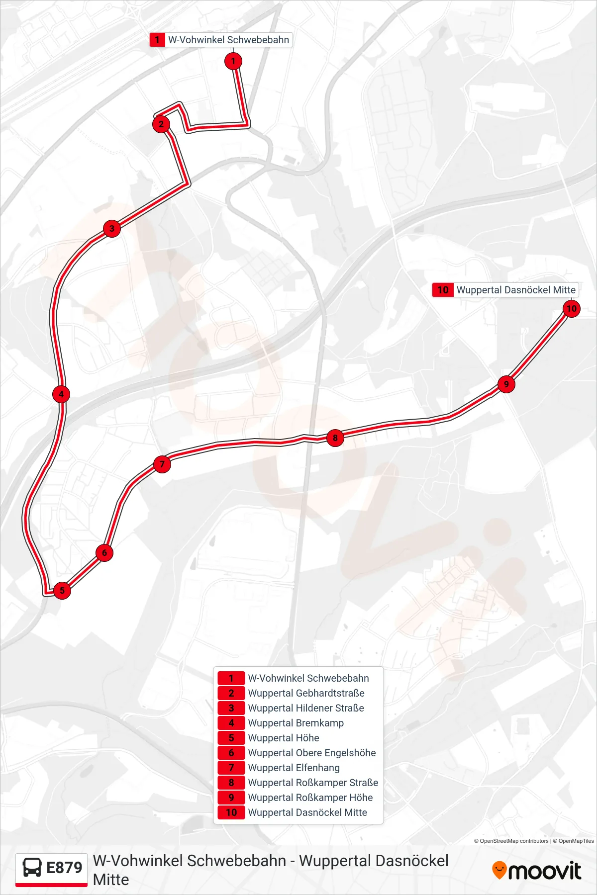 Linie E879 (Bus) Richtung Wuppertal Dasnöckel Mitte: Route und Haltestellen auf der Karte