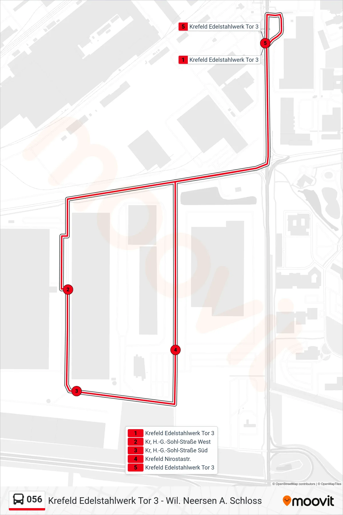 056 bus Line (Krefeld Edelstahlwerk Tor 3) route and stops on a map