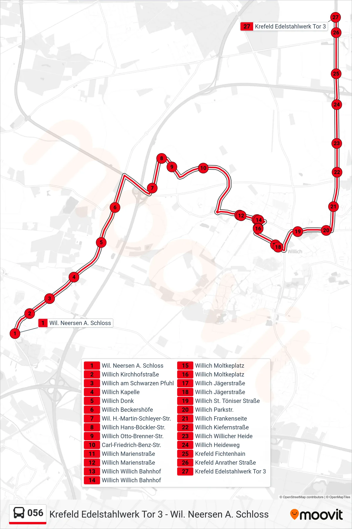 Linie 056 (Bus) Richtung Krefeld Edelstahlwerk Tor 3: Route und Haltestellen auf der Karte