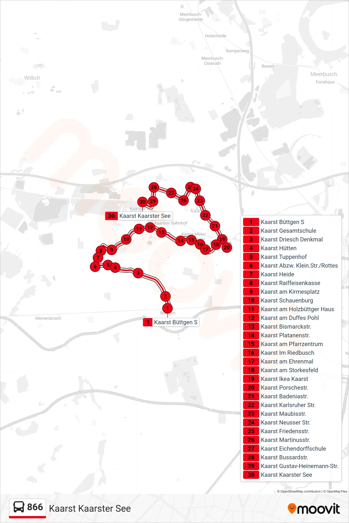 Linie 866 (Bus) Richtung Kaarst Kaarster See: Route und Haltestellen auf der Karte
