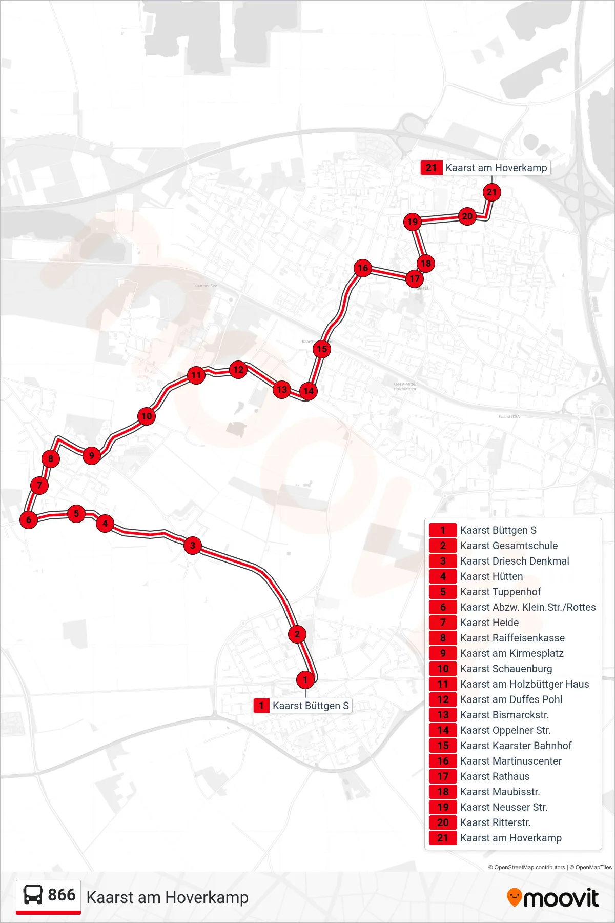 Linie 866 (Bus) Richtung Kaarst am Hoverkamp: Route und Haltestellen auf der Karte