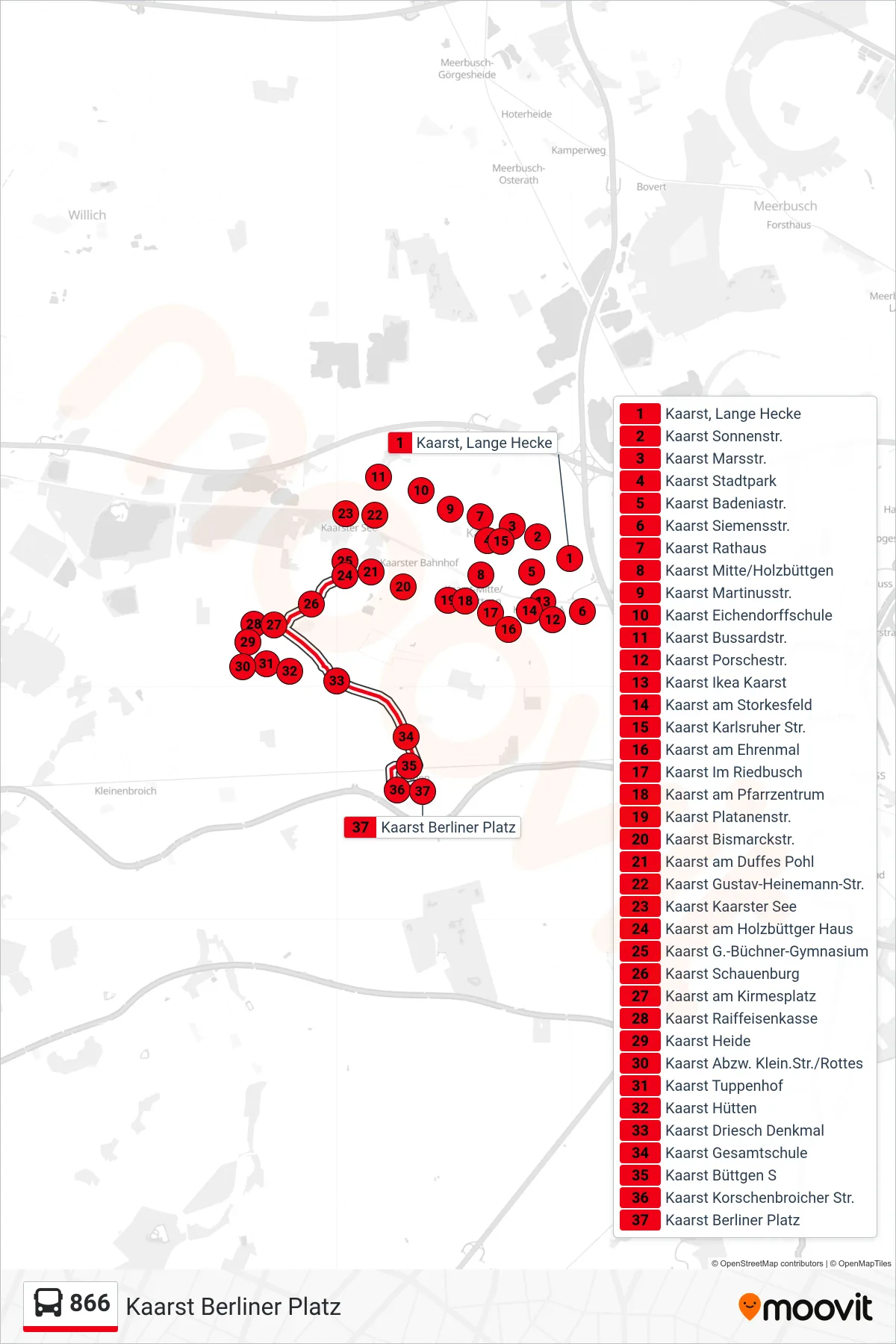Linie 866 (Bus) Richtung Kaarst Berliner Platz: Route und Haltestellen auf der Karte