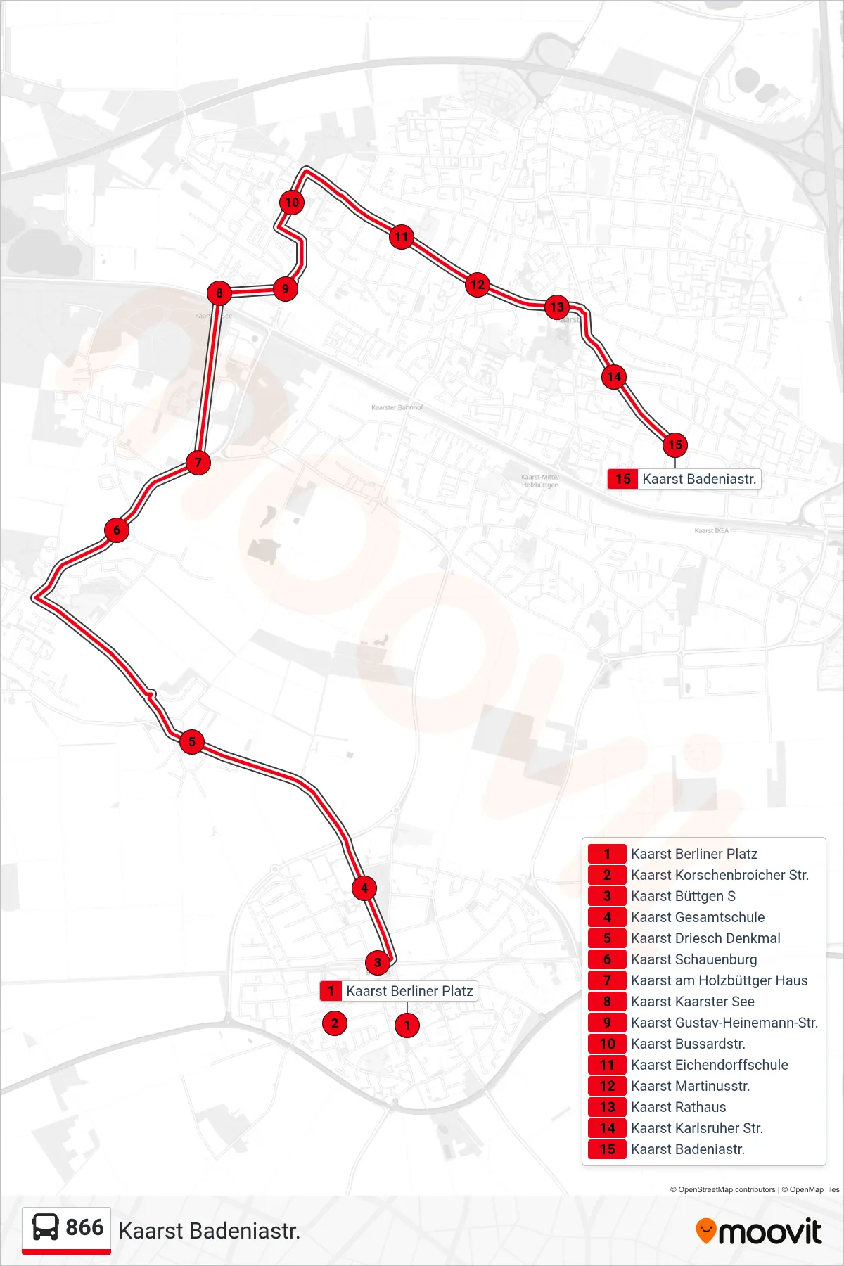 Linie 866 (Bus) Richtung Kaarst Badeniastr.: Route und Haltestellen auf der Karte