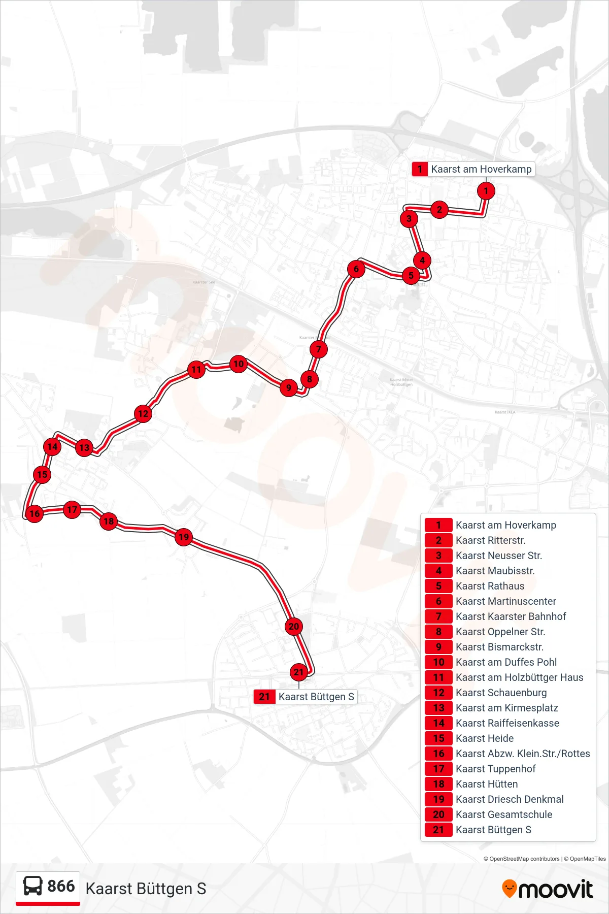 Linie 866 (Bus) Richtung Kaarst Büttgen S: Route und Haltestellen auf der Karte