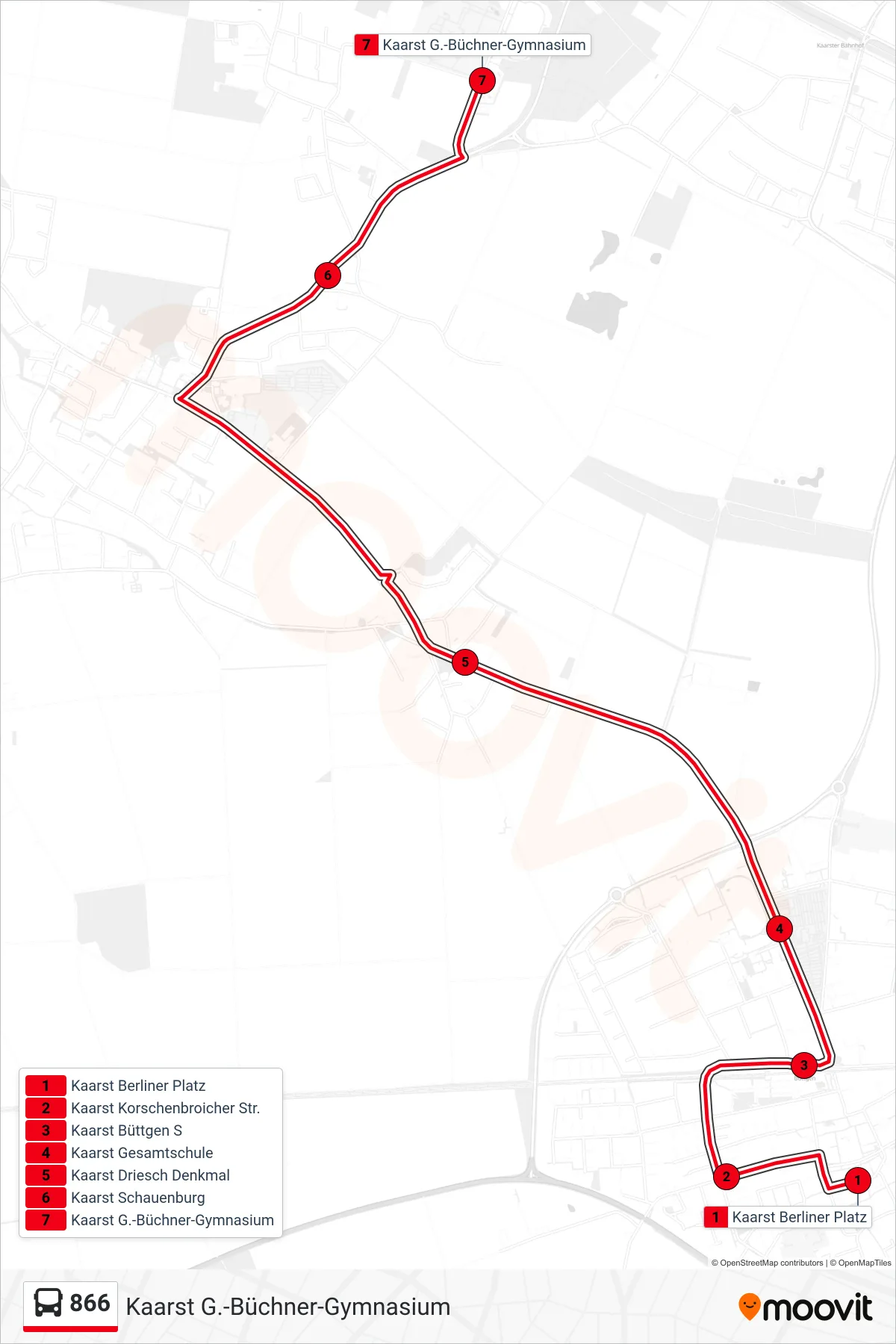 Linie 866 (Bus) Richtung Kaarst G.-Büchner-Gymnasium: Route und Haltestellen auf der Karte