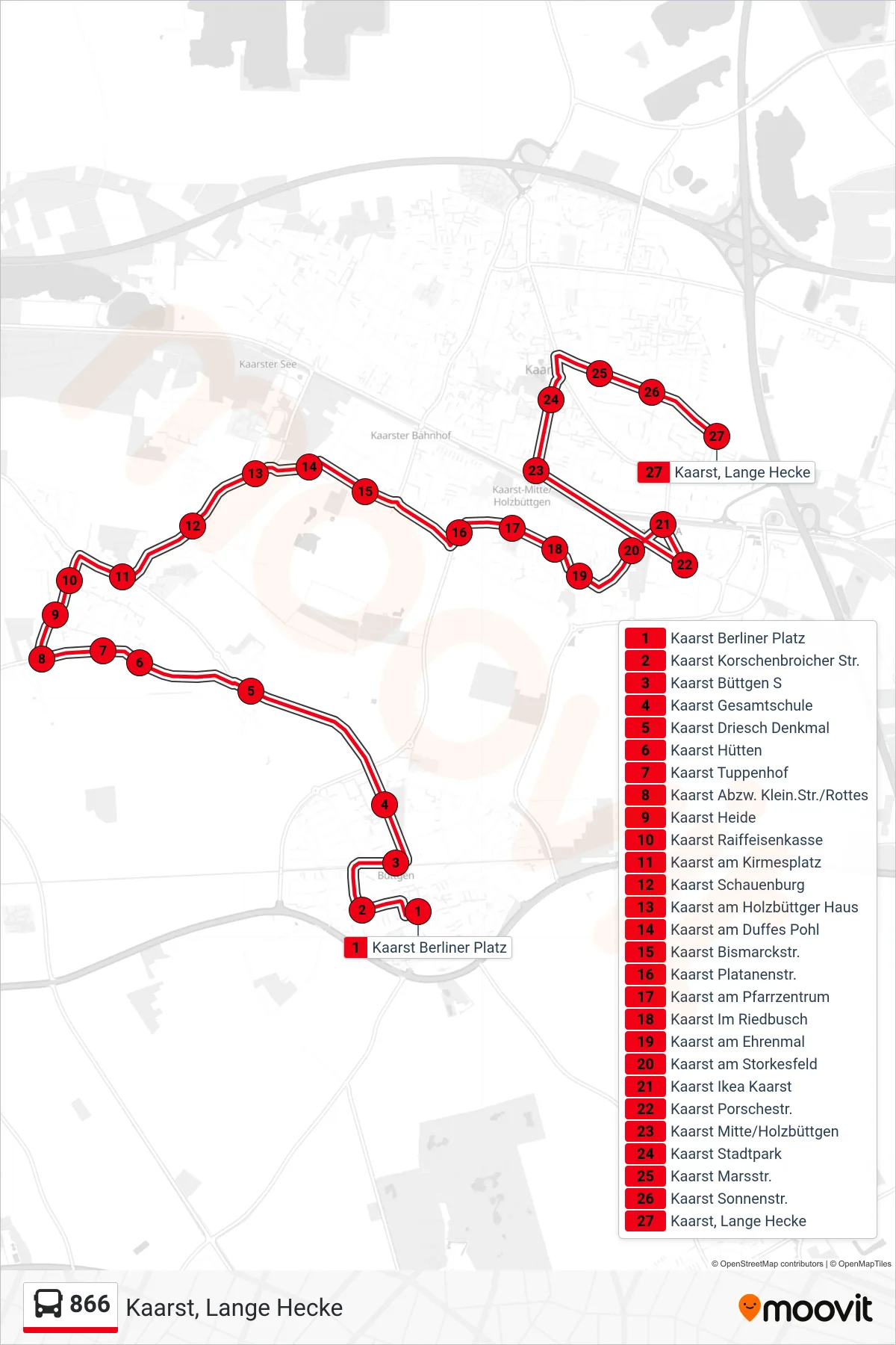 866 bus Line (Kaarst, Lange Hecke) route and stops on a map