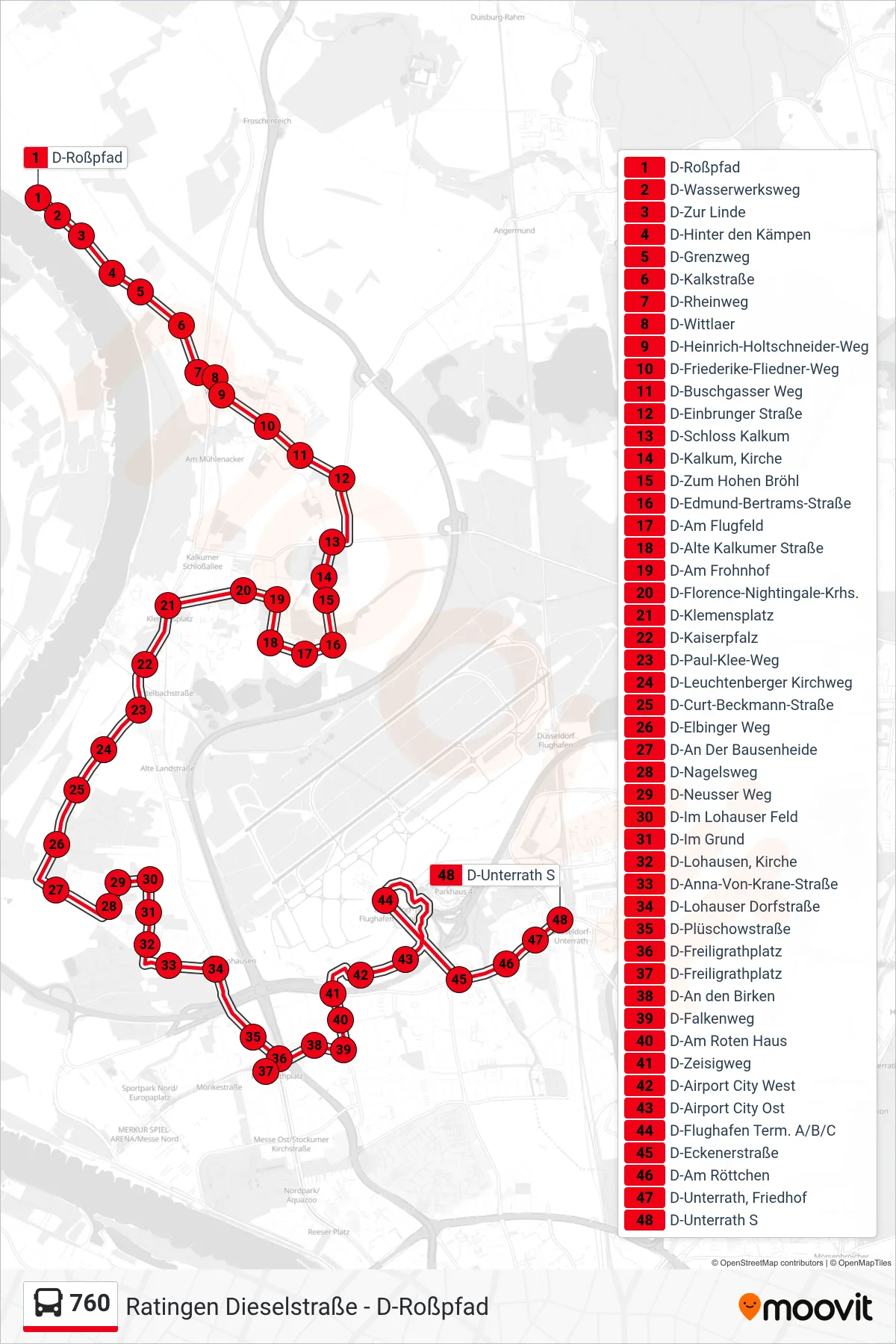 Linie 760 (Bus) Richtung D-Unterrath S: Route und Haltestellen auf der Karte