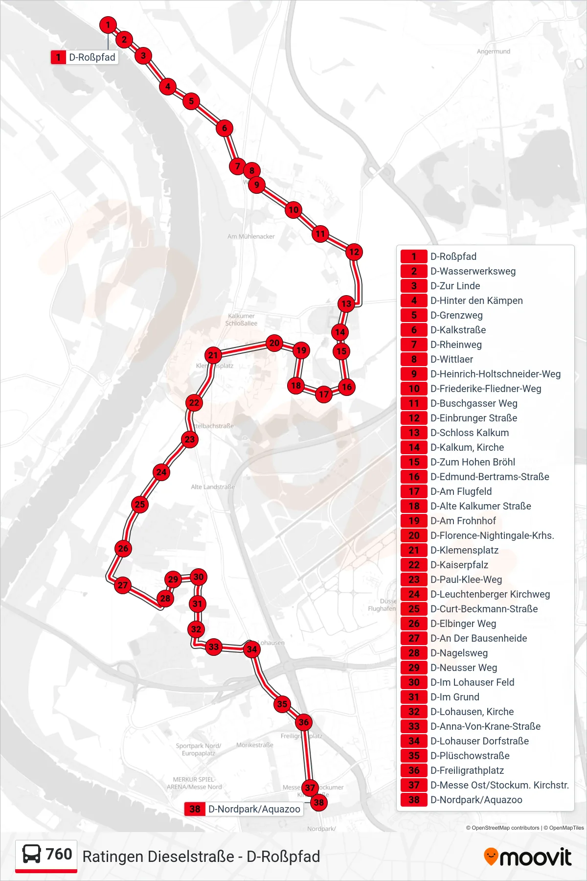Linie 760 (Bus) Richtung D-Nordpark/Aquazoo: Route und Haltestellen auf der Karte