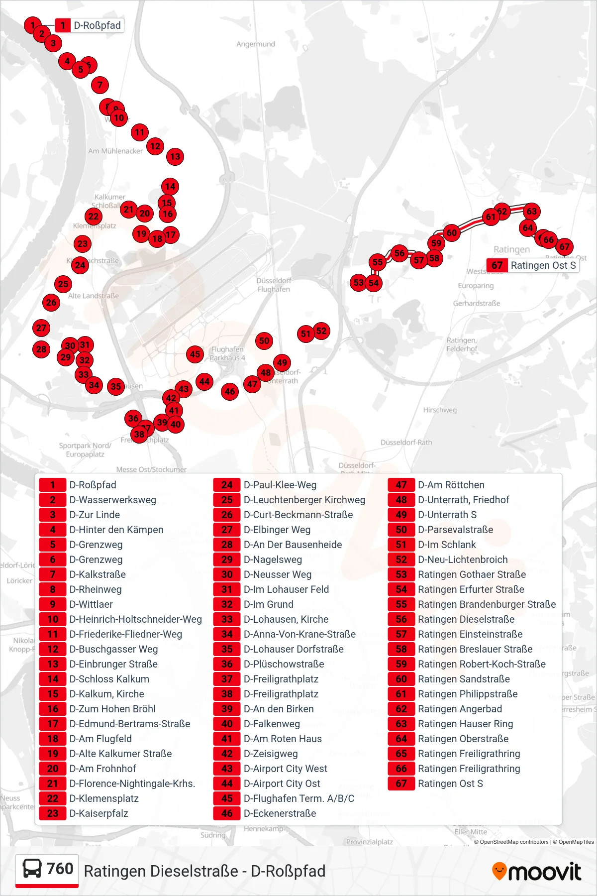 760 bus Line (Ratingen Ost S) route and stops on a map