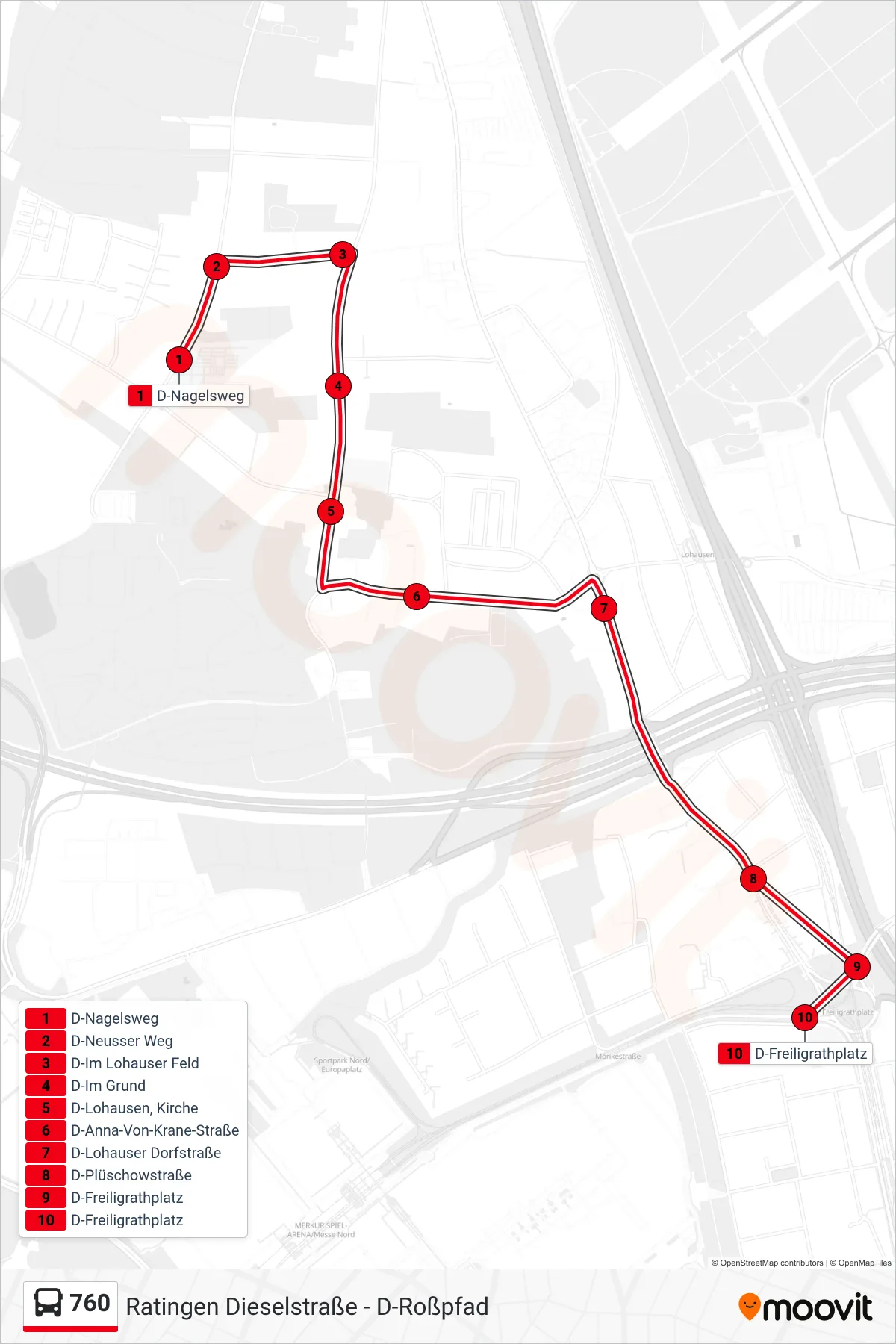 Linie 760 (Bus) Richtung D-Freiligrathplatz: Route und Haltestellen auf der Karte
