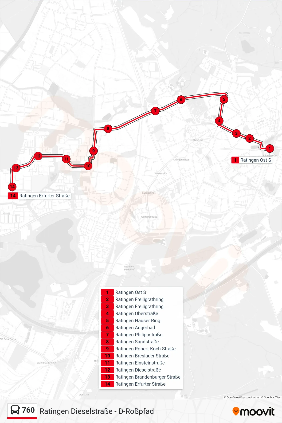 Linie 760 (Bus) Richtung Ratingen Erfurter Straße: Route und Haltestellen auf der Karte
