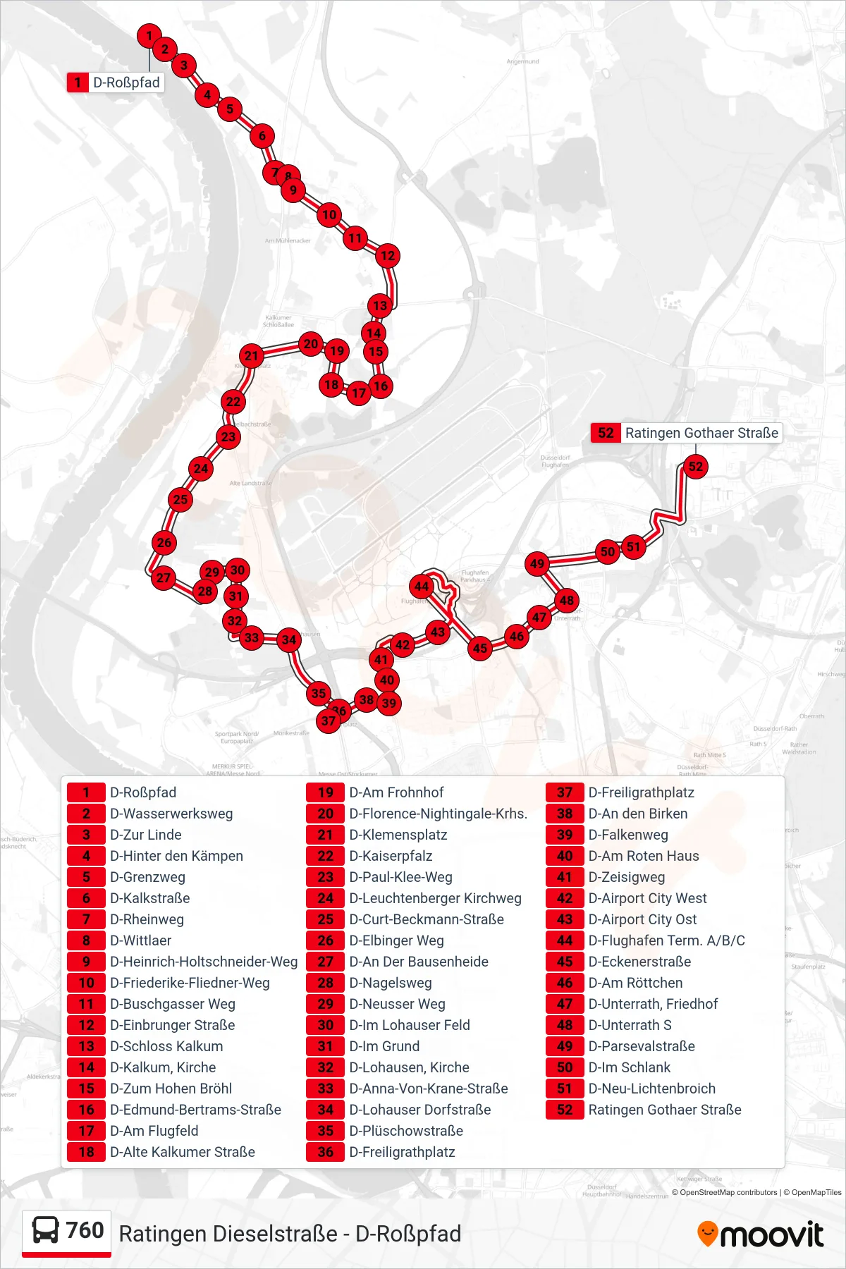 760 bus Line (Ratingen Gothaer Straße) route and stops on a map