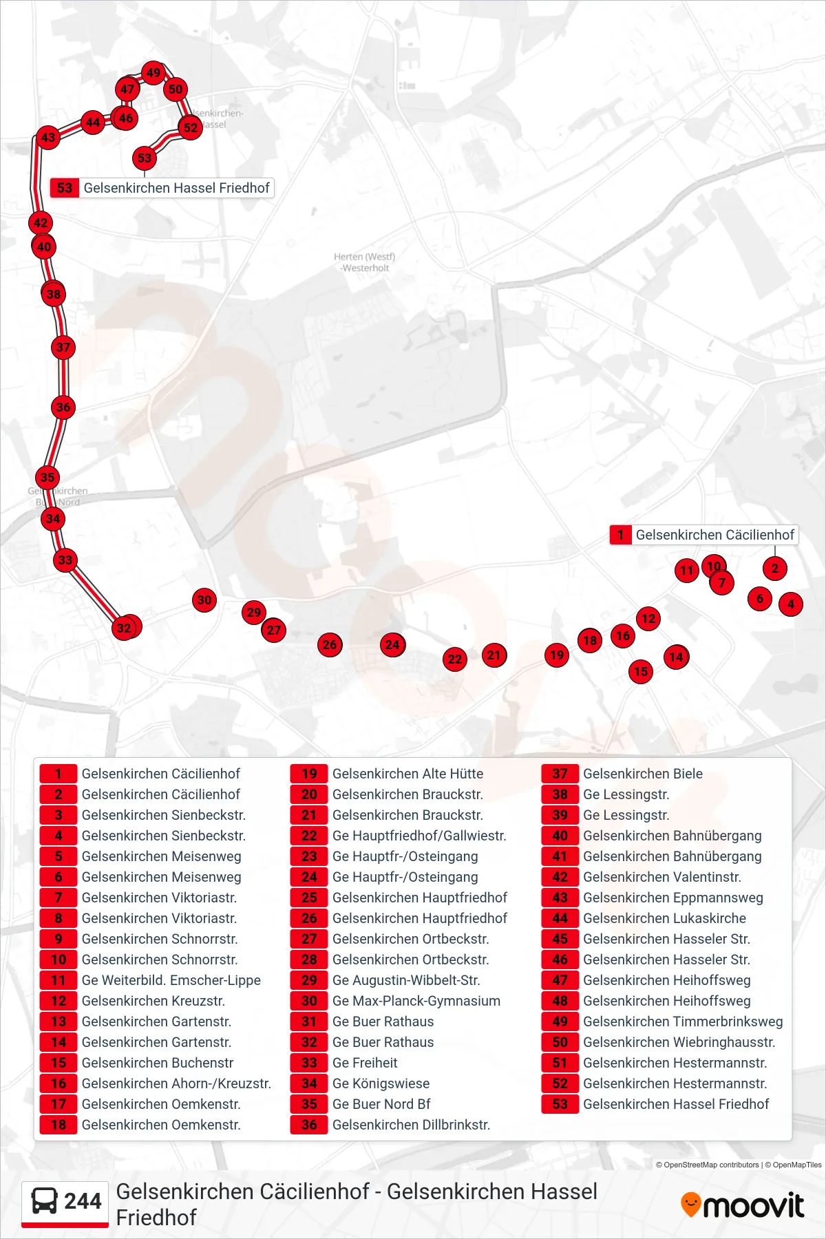 Linie 244 (Bus) Richtung Gelsenkirchen Hassel Friedhof: Route und Haltestellen auf der Karte