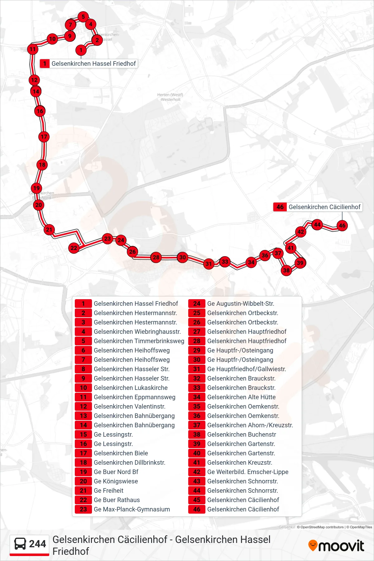 244 bus Line (Gelsenkirchen Cäcilienhof) route and stops on a map