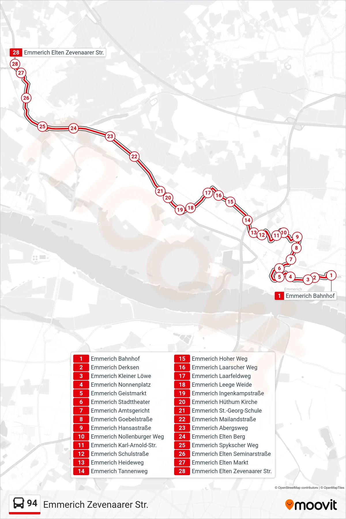 Linie 94 (Bus) Richtung Emmerich Zevenaarer Str.: Route und Haltestellen auf der Karte