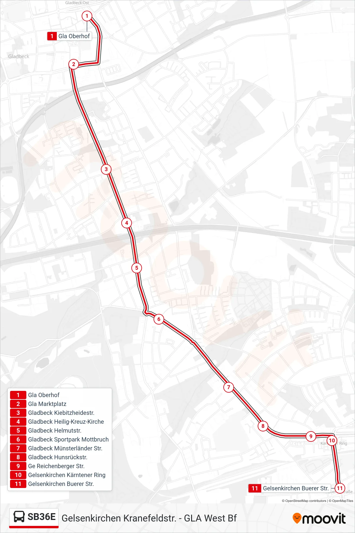 Linie SB36E (Bus) Richtung Gelsenkirchen Buerer Str.: Route und Haltestellen auf der Karte