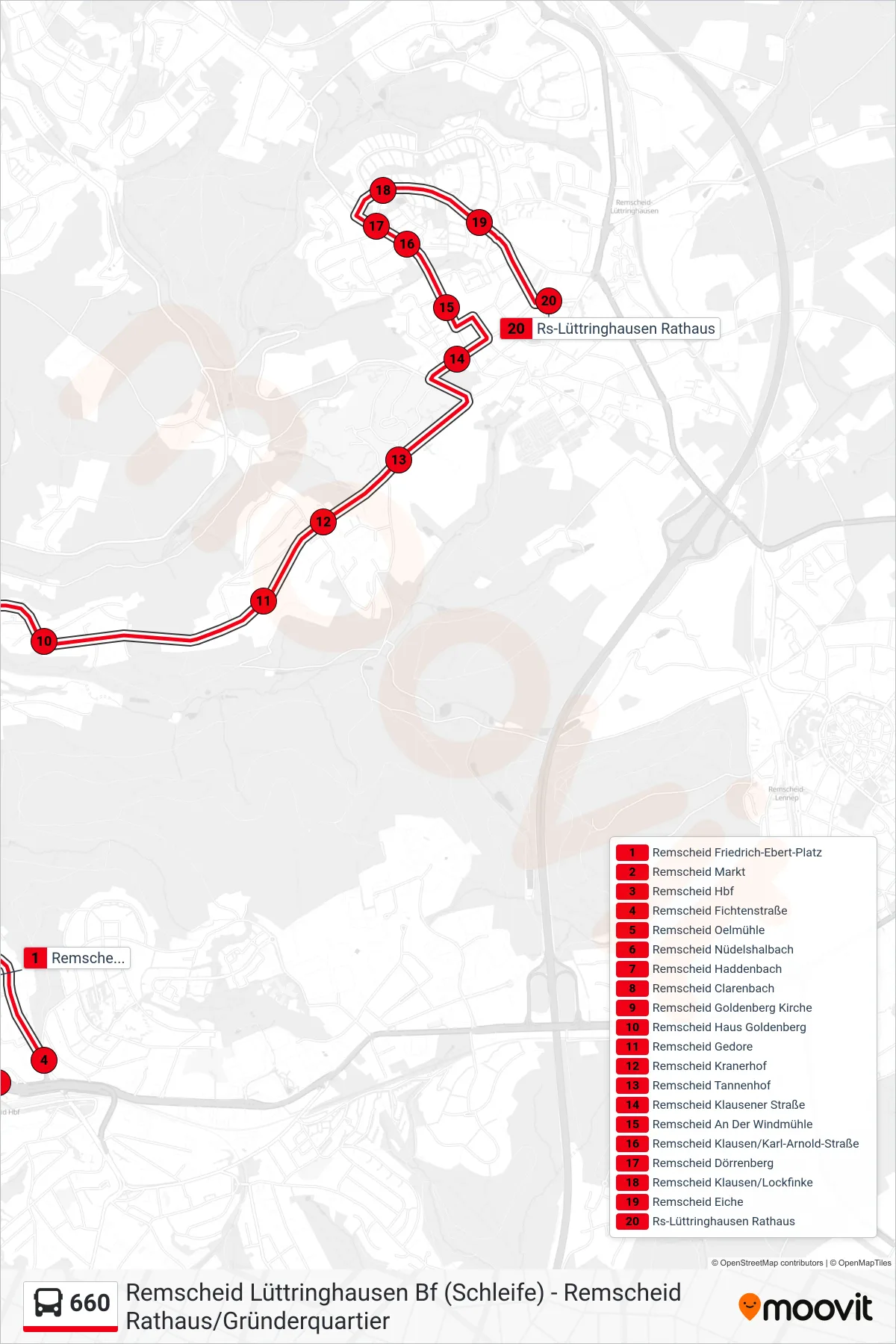Linie 660 (Bus) Richtung Remscheid Lüttringhausen Rathaus: Route und Haltestellen auf der Karte