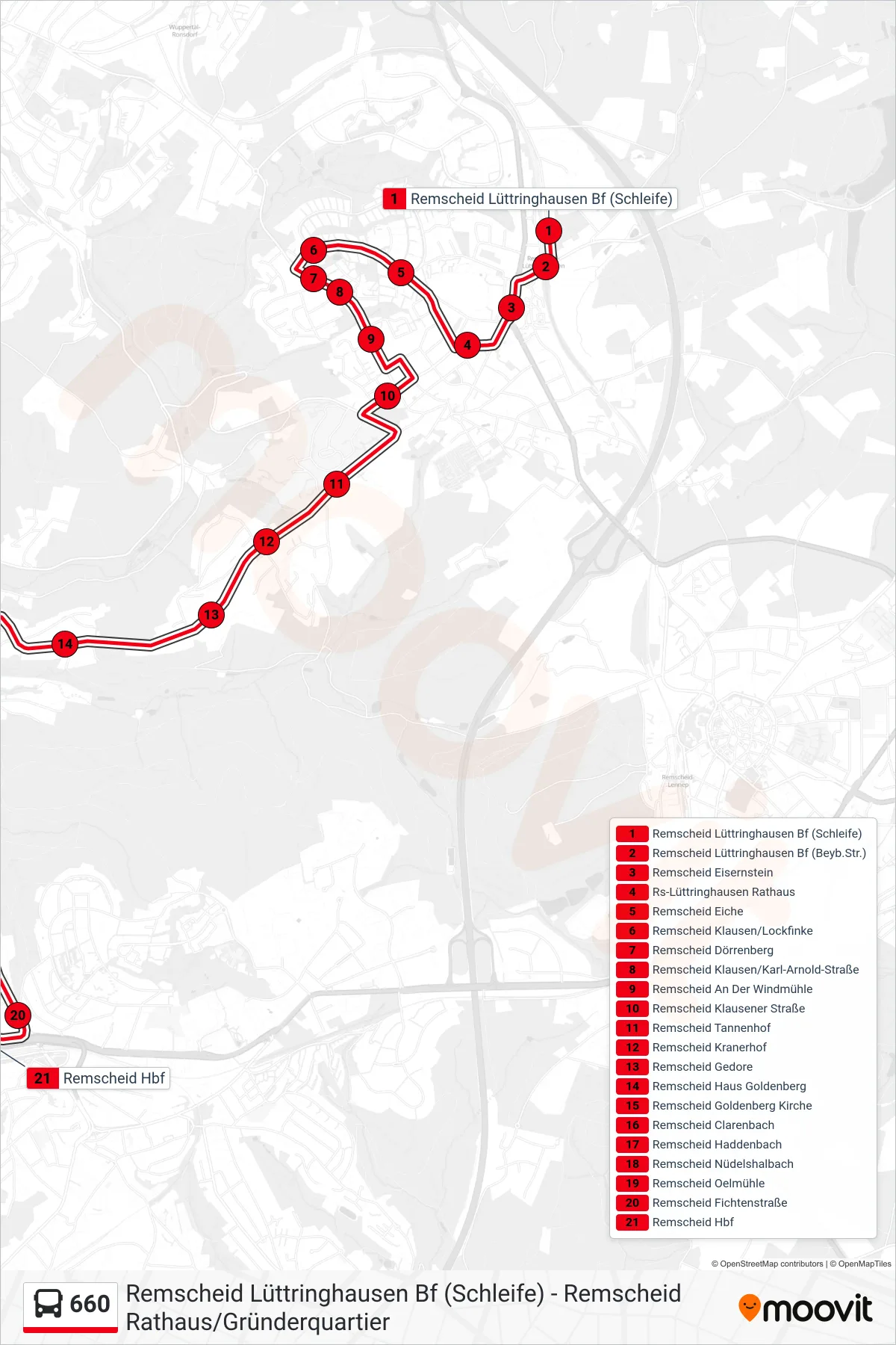 660 bus Line (Remscheid Hbf) route and stops on a map