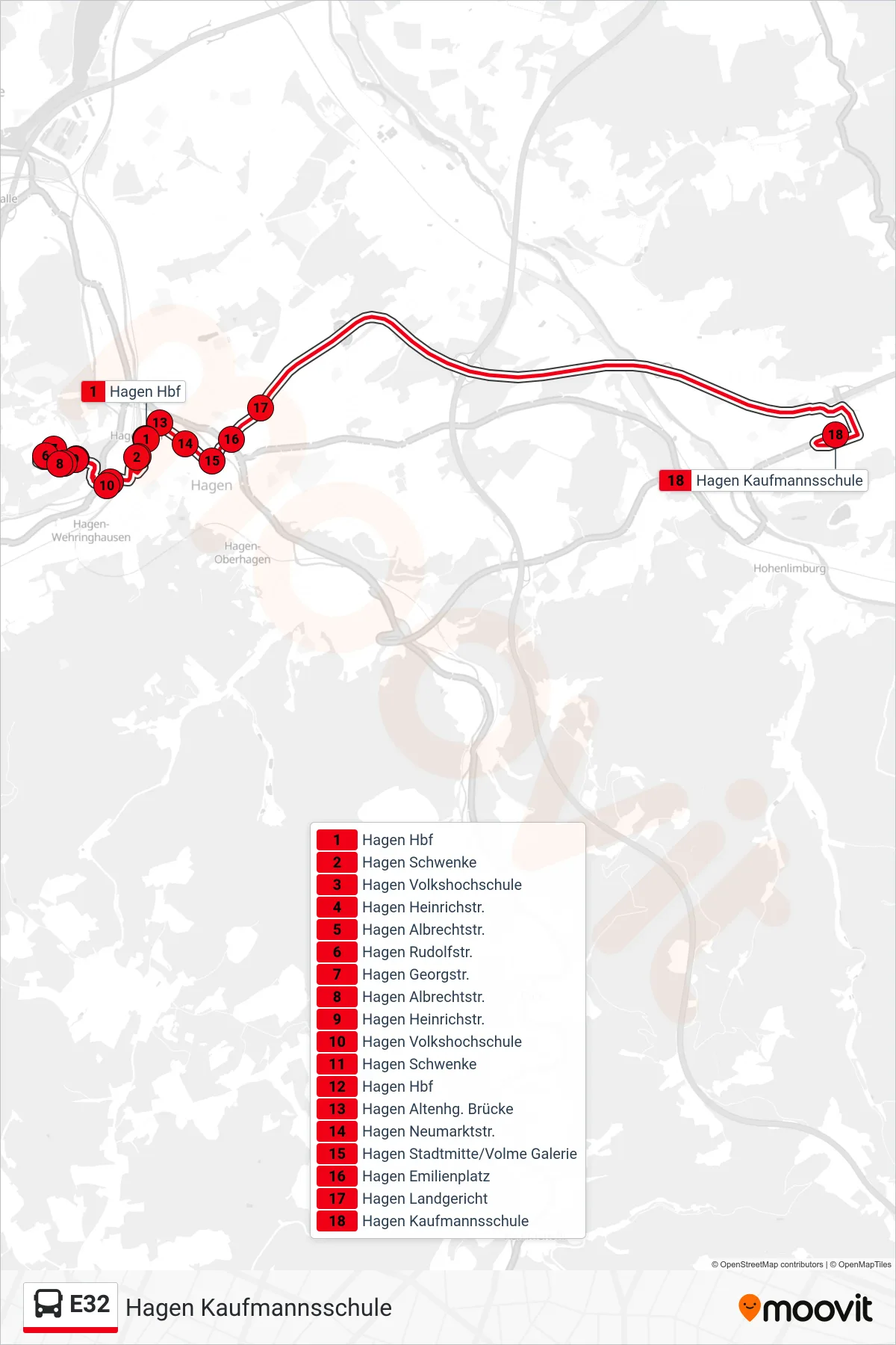 Linie E32 (Bus) Richtung Hagen Kaufmannsschule: Route und Haltestellen auf der Karte