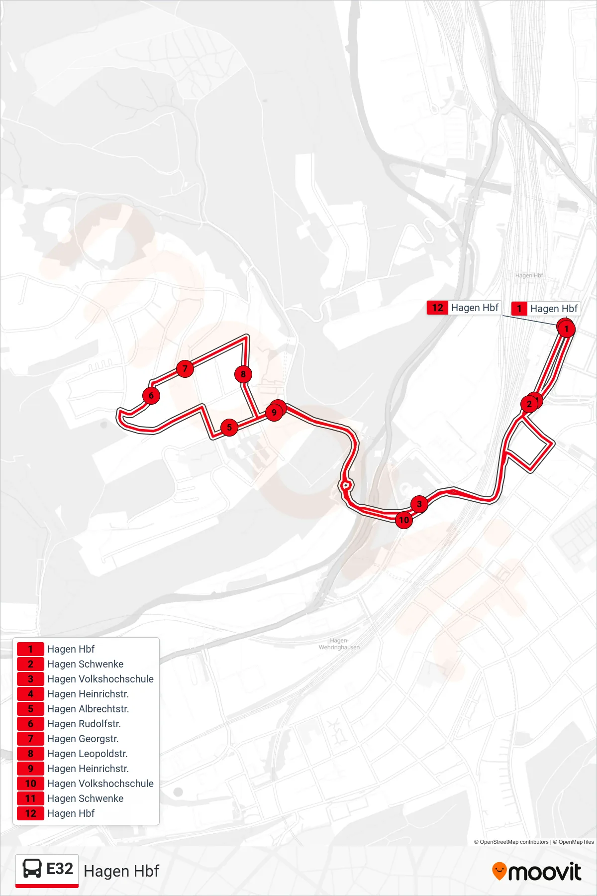 E32 bus Line (Hagen Hbf) route and stops on a map