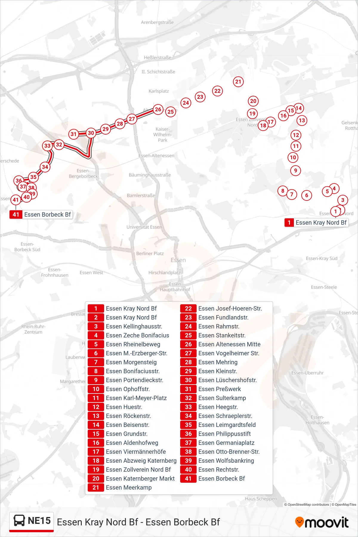 Linie NE15 (Bus) Richtung Essen Borbeck Bf: Route und Haltestellen auf der Karte