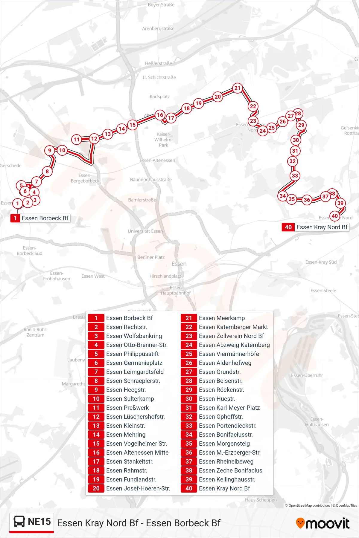 Linie NE15 (Bus) Richtung Essen Kray Nord Bf: Route und Haltestellen auf der Karte