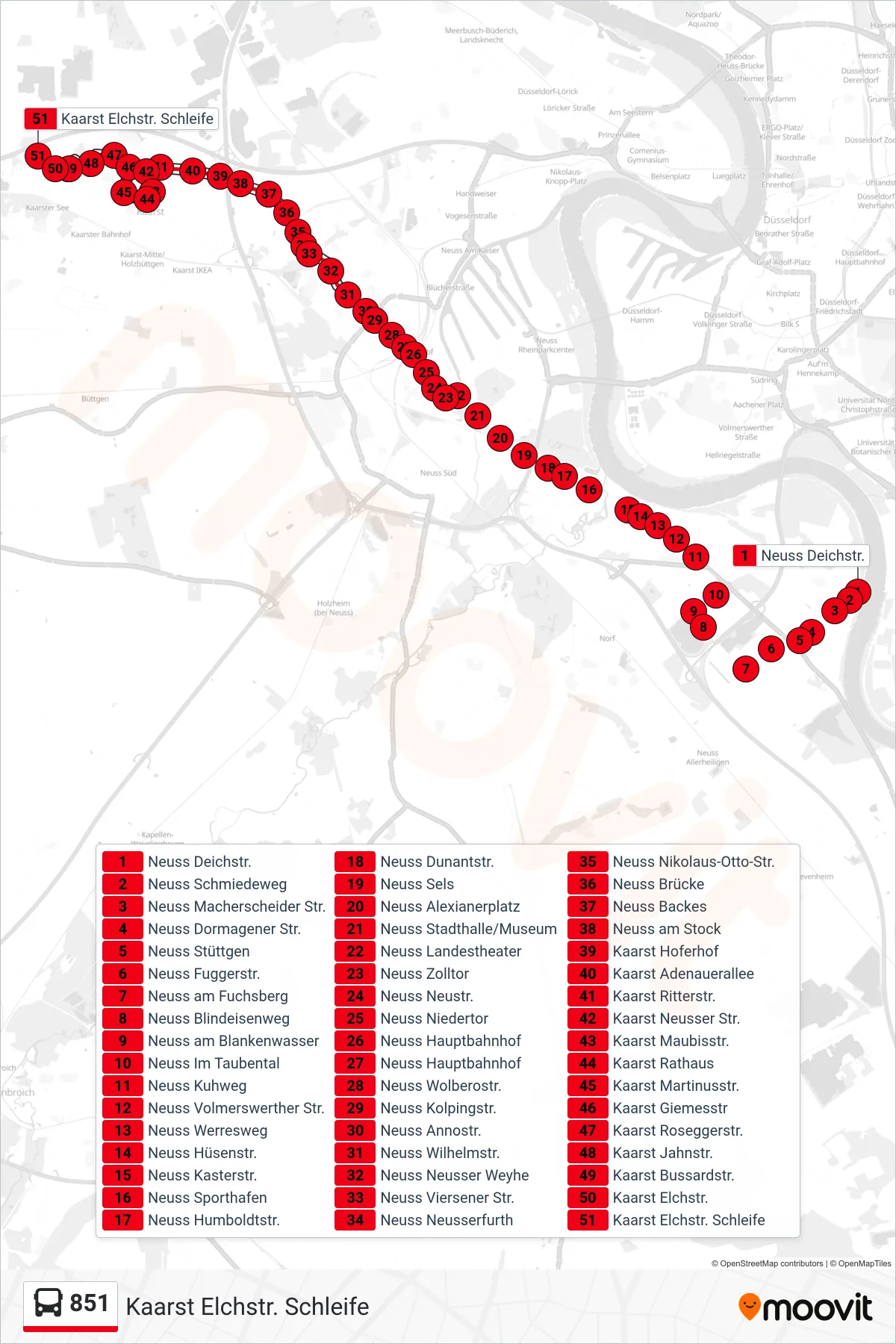 851 bus Line (Kaarst Elchstr. Schleife) route and stops on a map