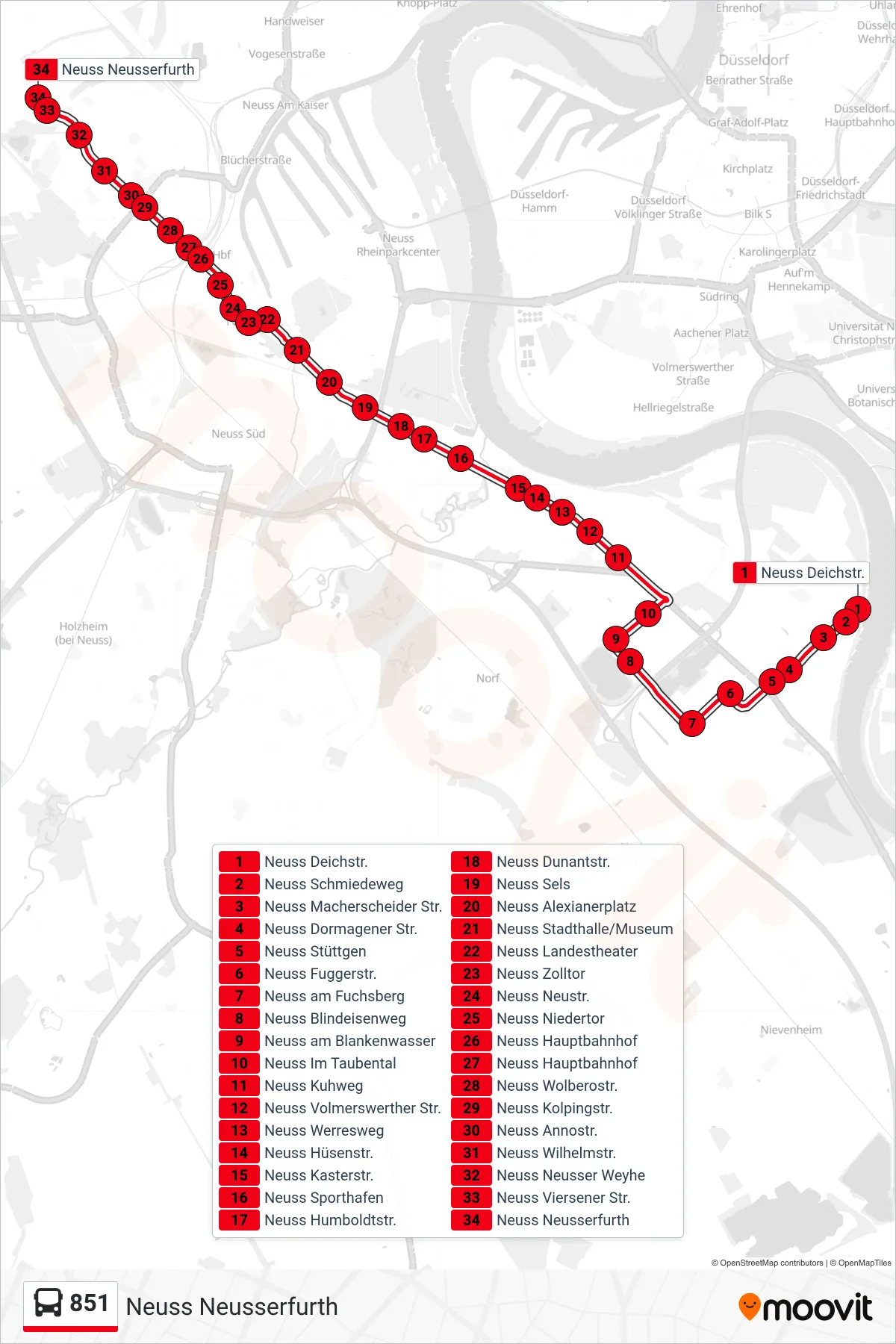 851 bus Line (Neuss Neusserfurth) route and stops on a map