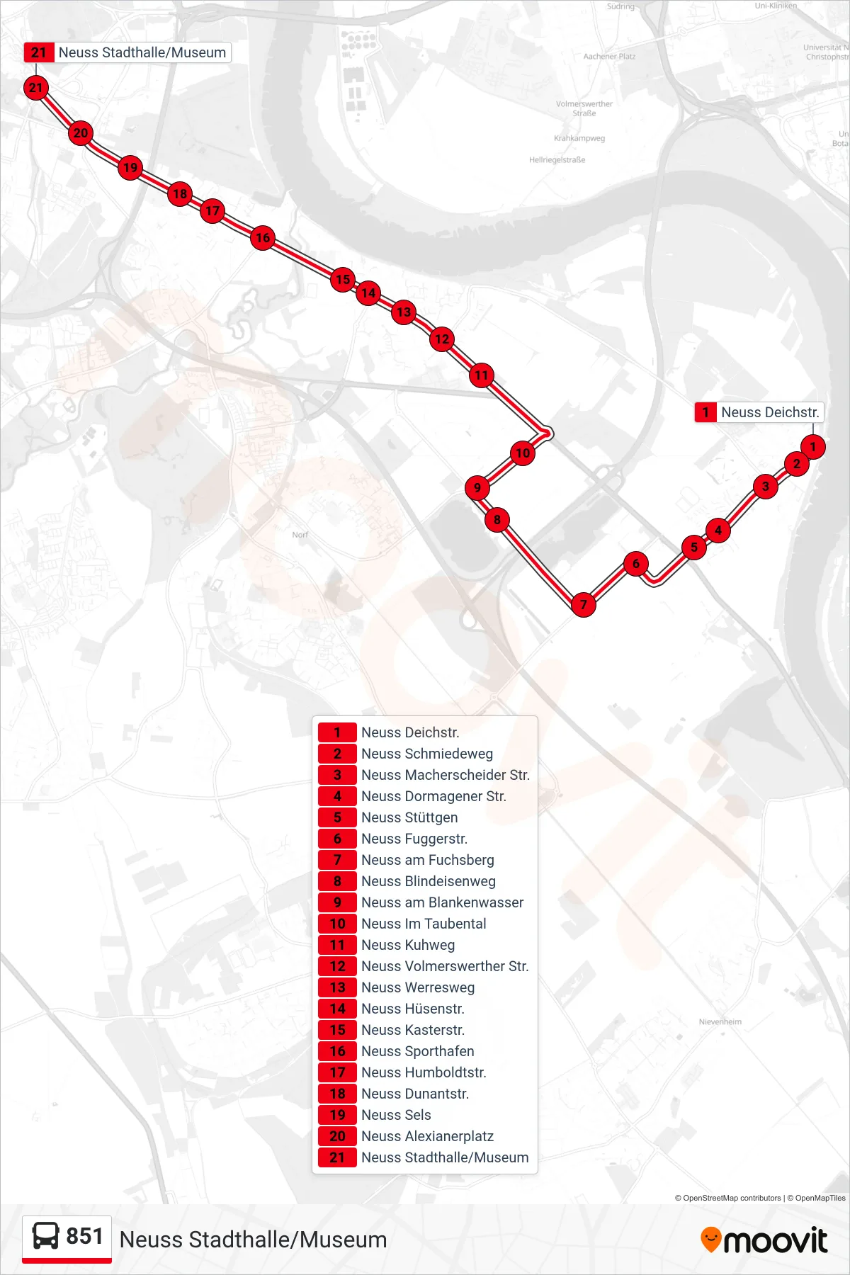 851 bus Line (Neuss Stadthalle/Museum) route and stops on a map