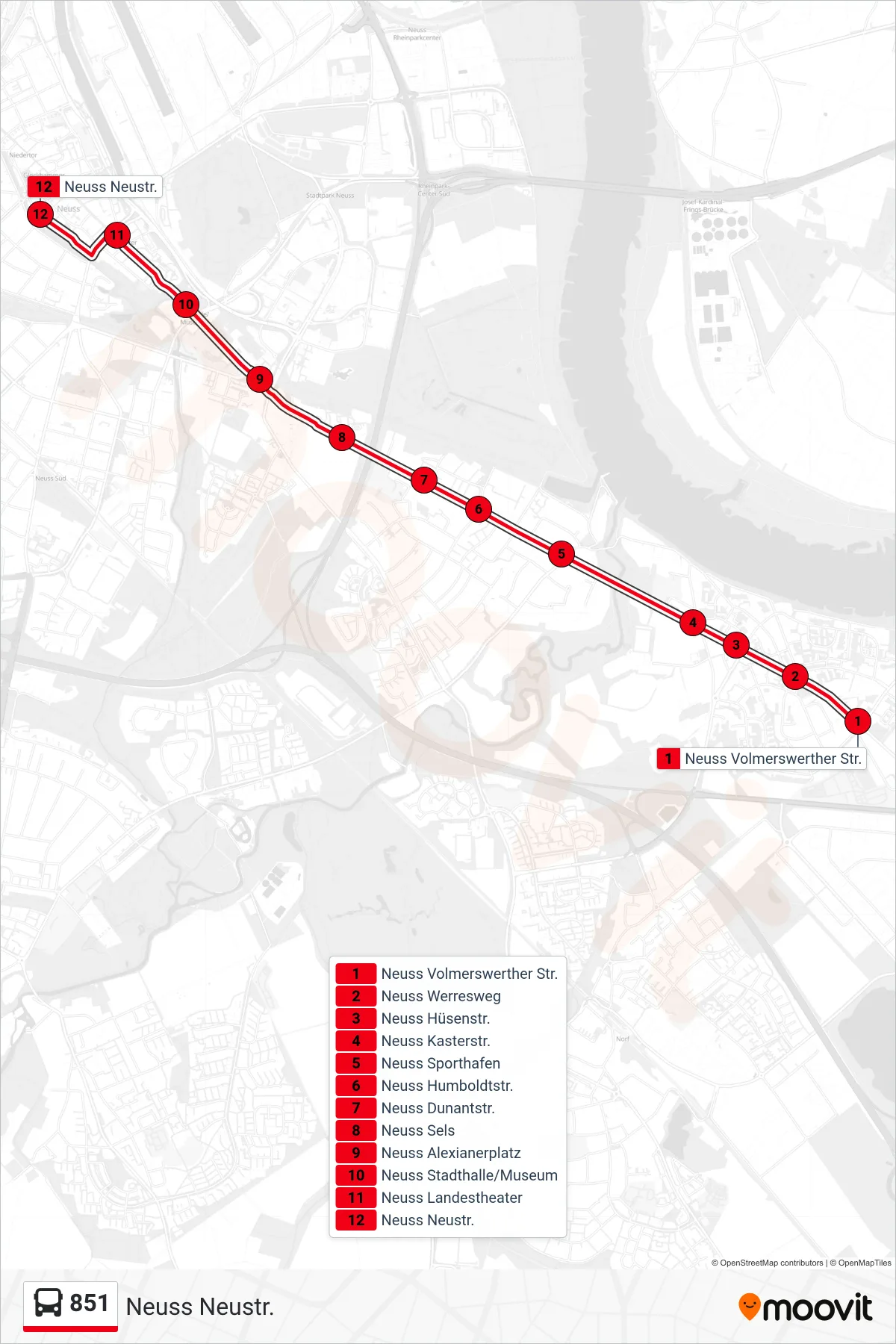 851 bus Line (Neuss Neustr.) route and stops on a map