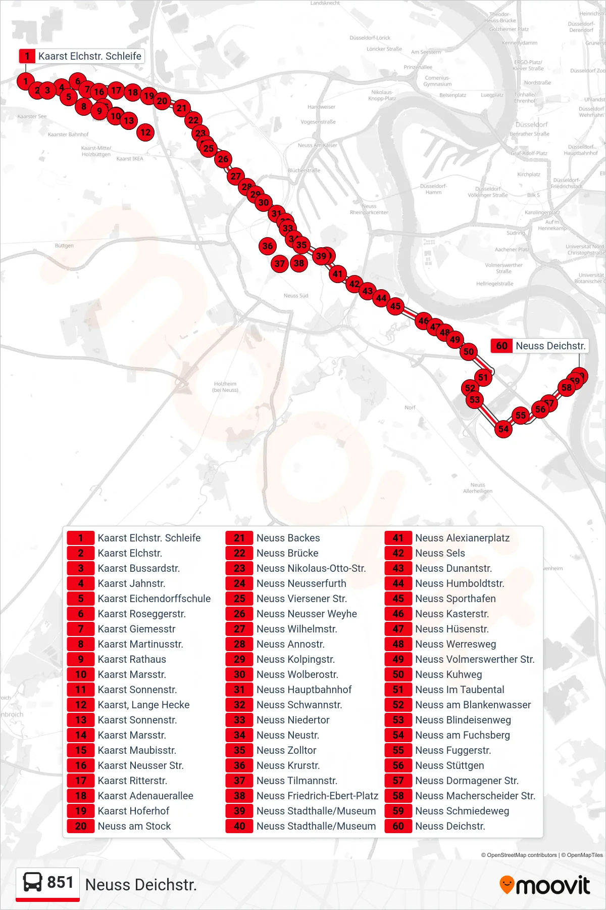 851 bus Line (Neuss Deichstr.) route and stops on a map