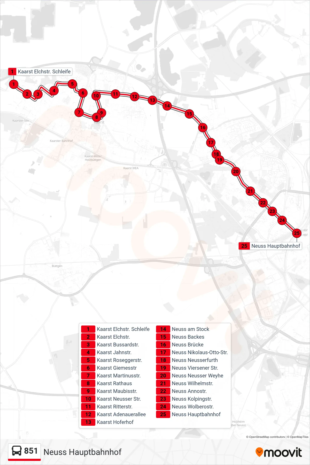 851 bus Line (Neuss Hauptbahnhof) route and stops on a map