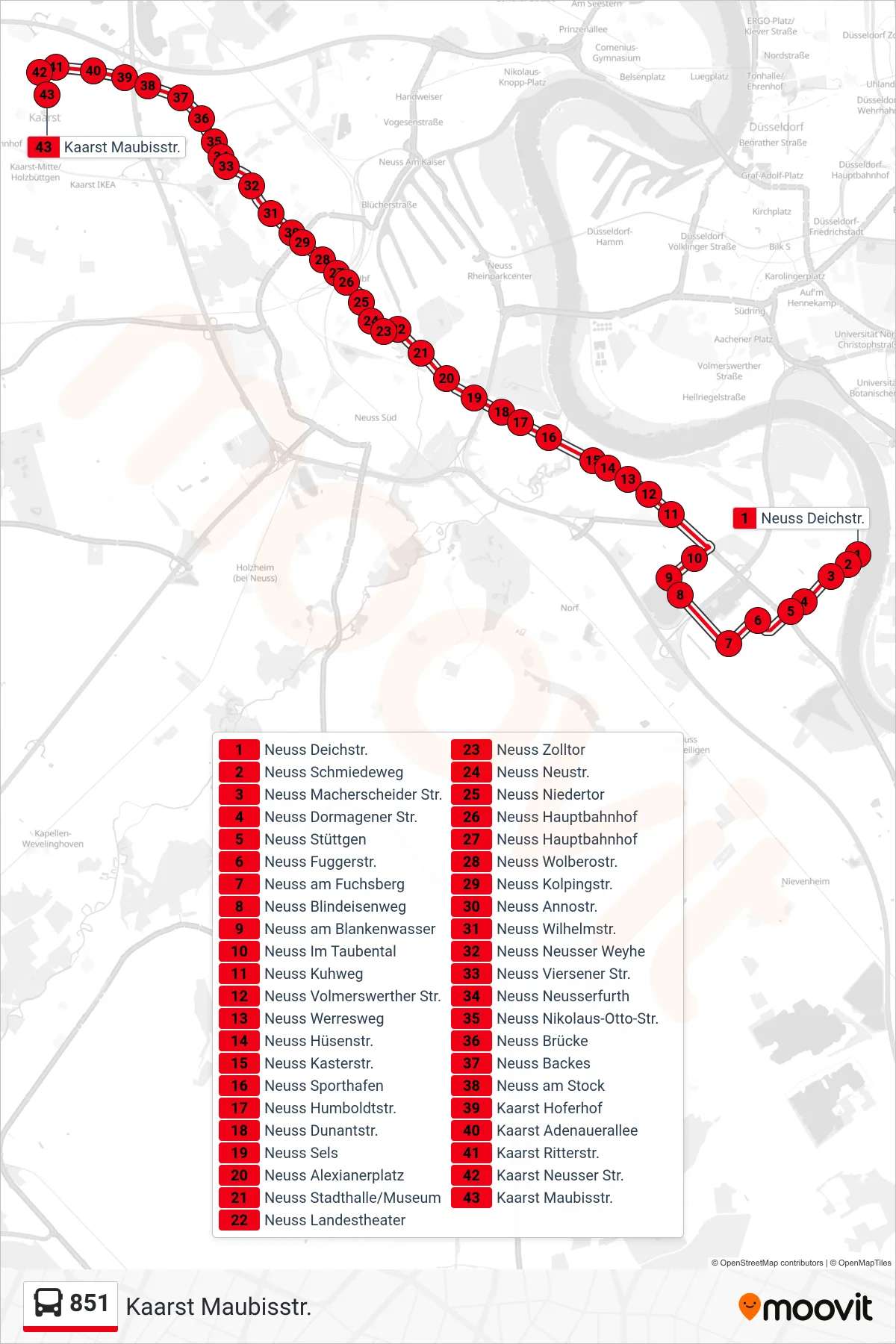 851 bus Line (Kaarst Maubisstr.) route and stops on a map