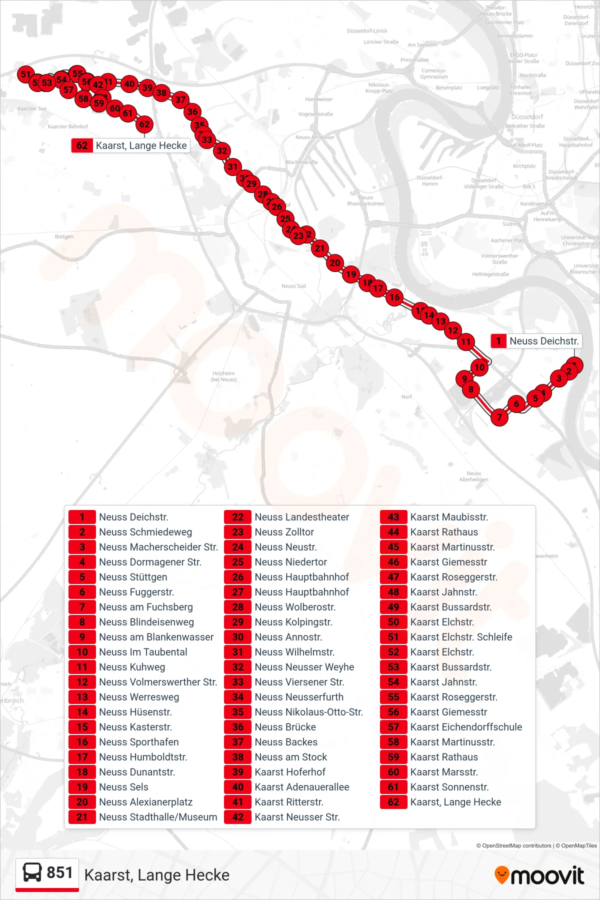 Linie 851 (Bus) Richtung Kaarst, Lange Hecke: Route und Haltestellen auf der Karte