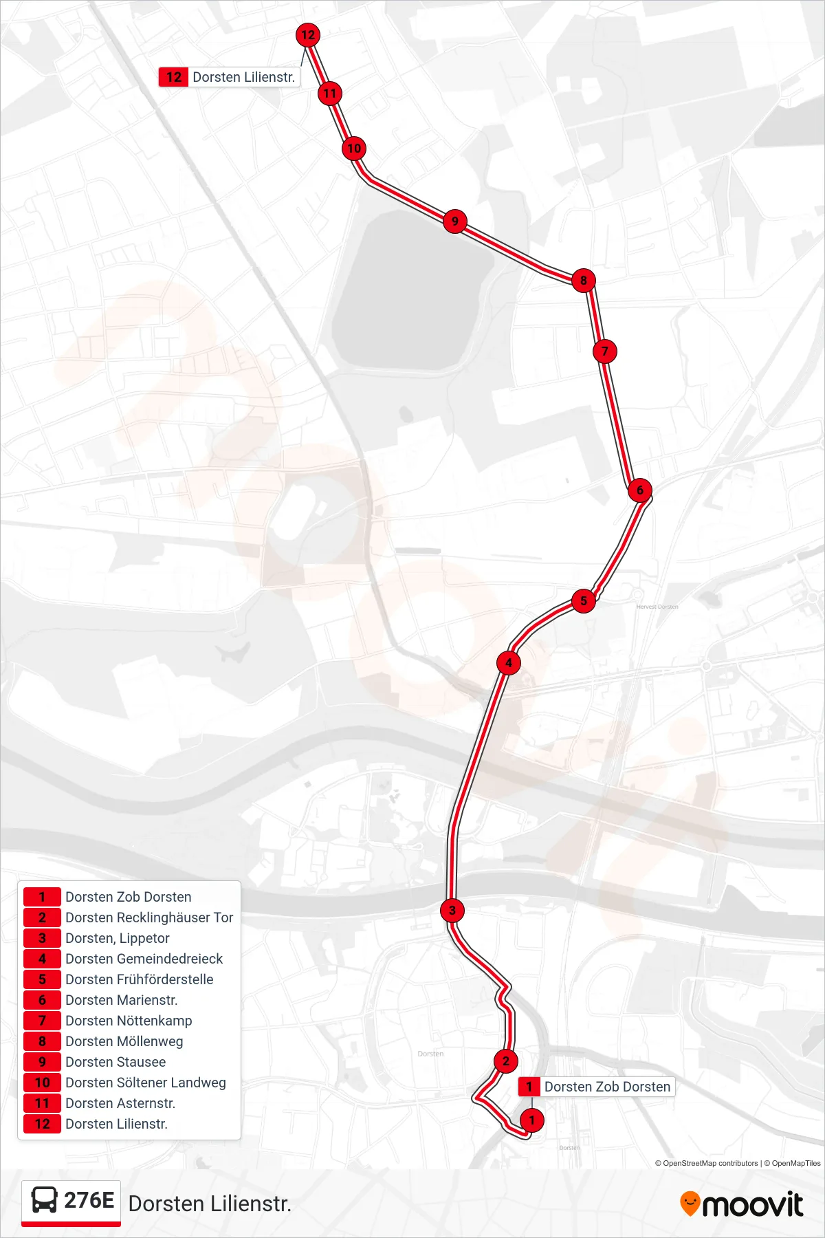 Linie 276E (Bus) Richtung Dorsten Lilienstr.: Route und Haltestellen auf der Karte