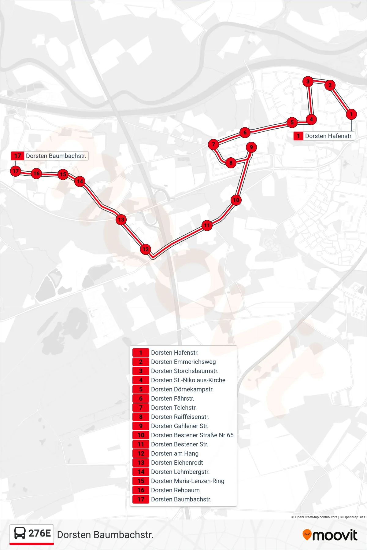 Linie 276E (Bus) Richtung Dorsten Baumbachstr.: Route und Haltestellen auf der Karte