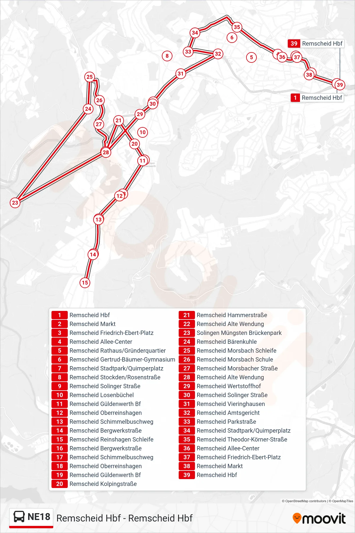 NE18 bus Line (Remscheid Hbf) route and stops on a map