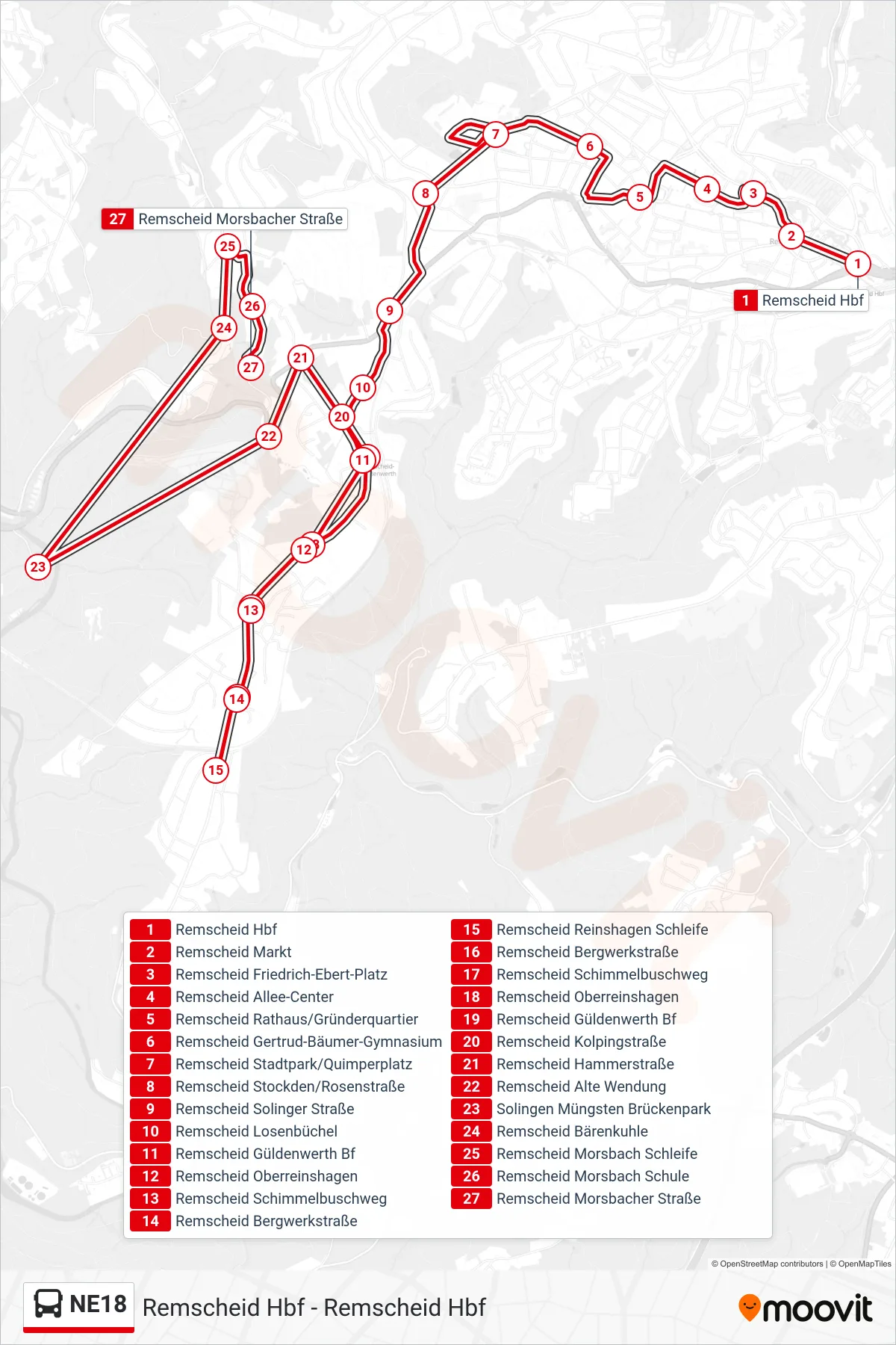 NE18 bus Line (Remscheid Morsbacher Straße) route and stops on a map