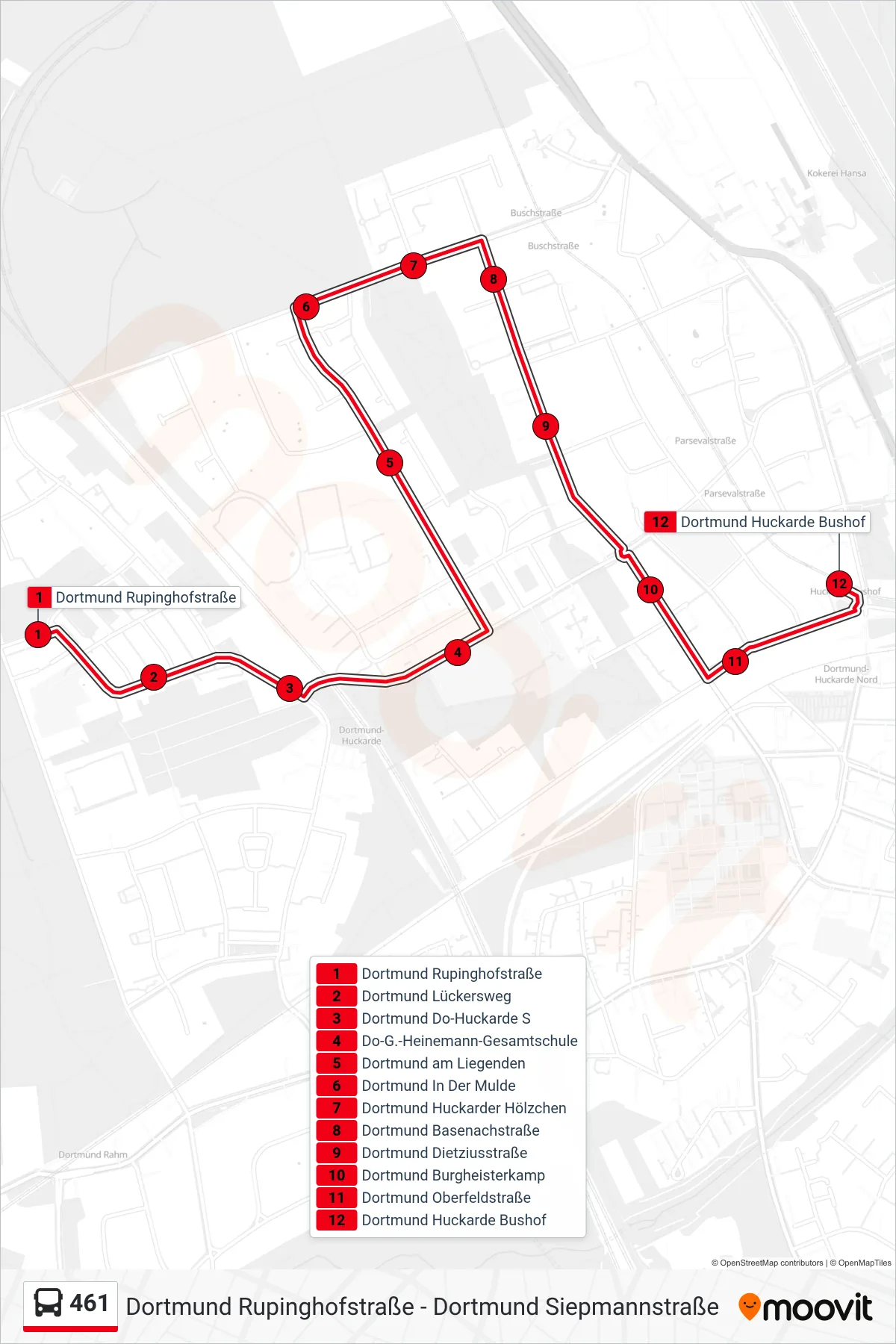 461 bus Line (Dortmund Huckarde Bushof) route and stops on a map
