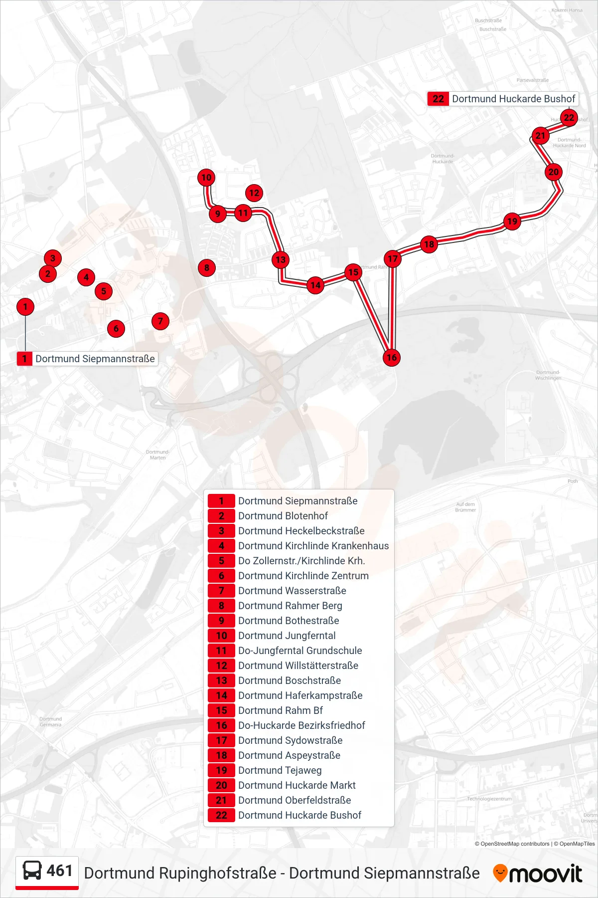 Linie 461 (Bus) Richtung Dortmund Huckarde Bushof: Route und Haltestellen auf der Karte