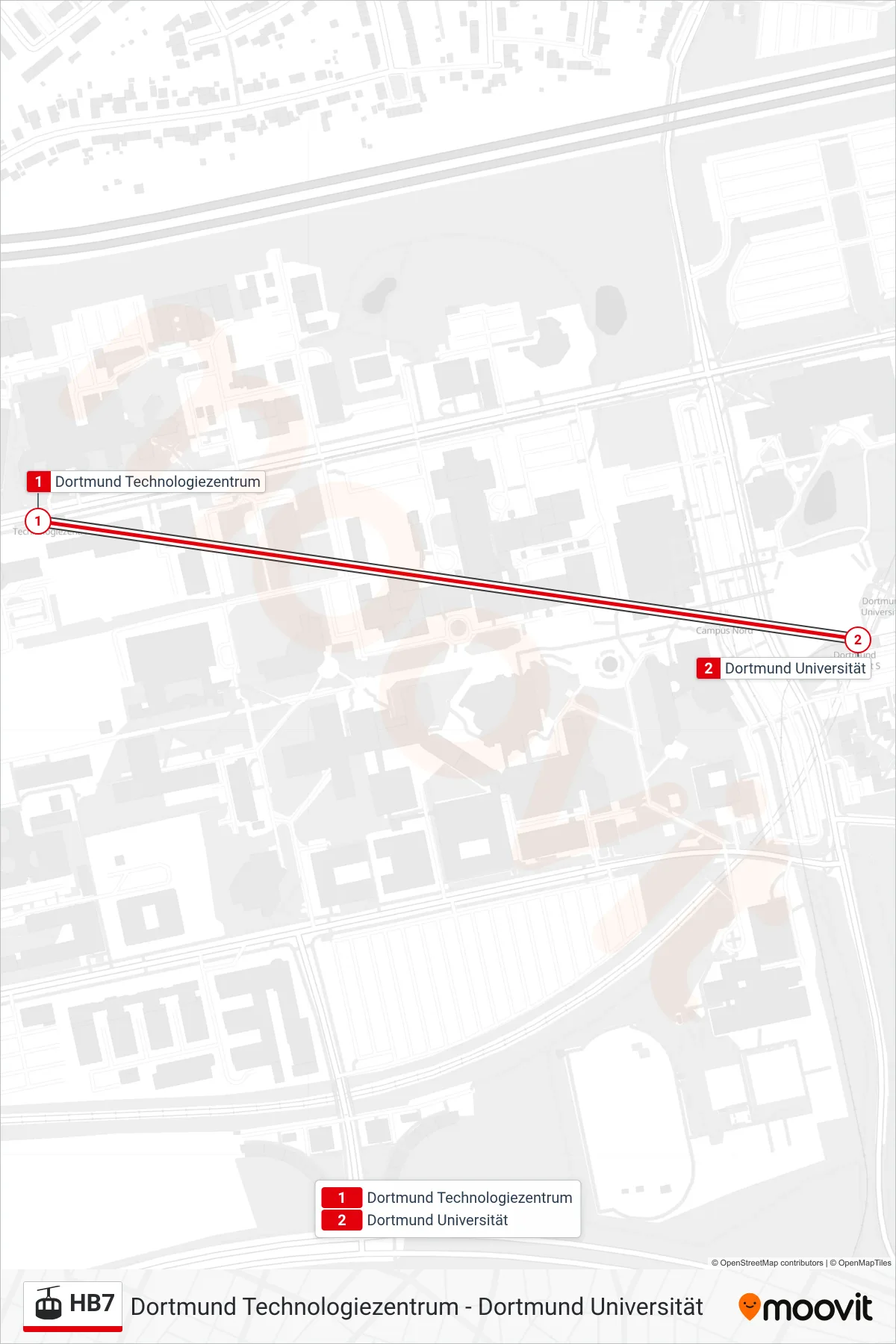 Linie HB7 (Gondel / Schwebebahn) Richtung Dortmund Universität: Route und Haltestellen auf der Karte