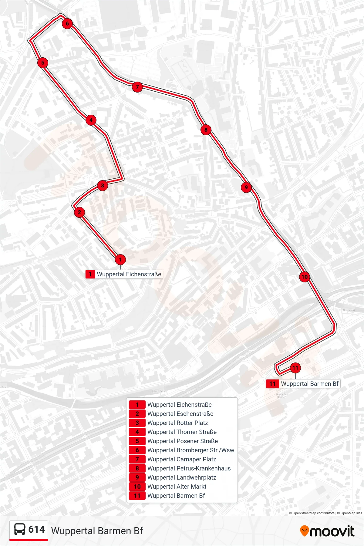 614 bus Line (Wuppertal Barmen Bf) route and stops on a map