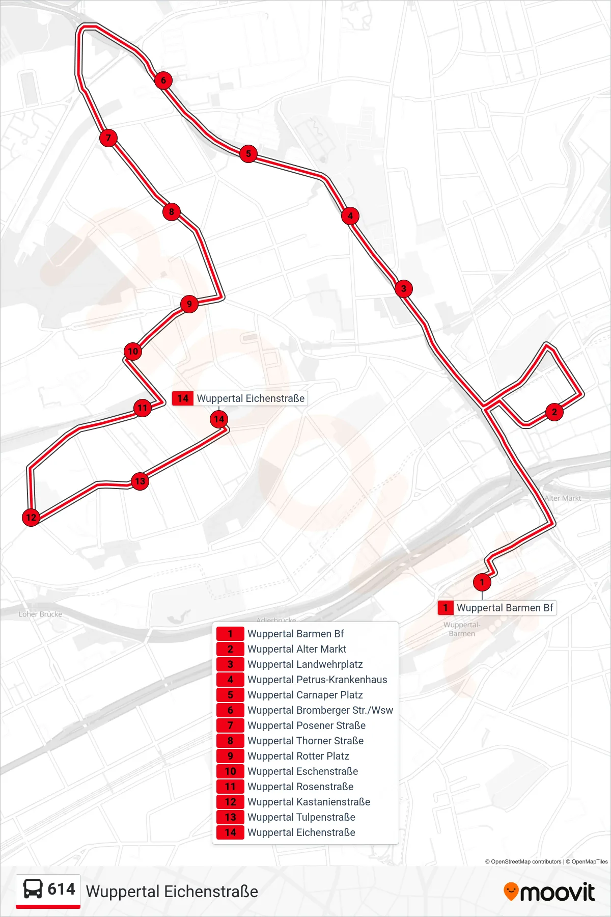 Linie 614 (Bus) Richtung Wuppertal Eichenstraße: Route und Haltestellen auf der Karte