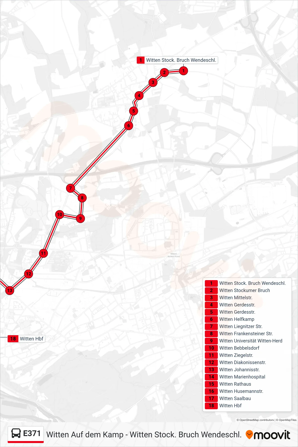 Linie E371 (Bus) Richtung Witten Hbf: Route und Haltestellen auf der Karte
