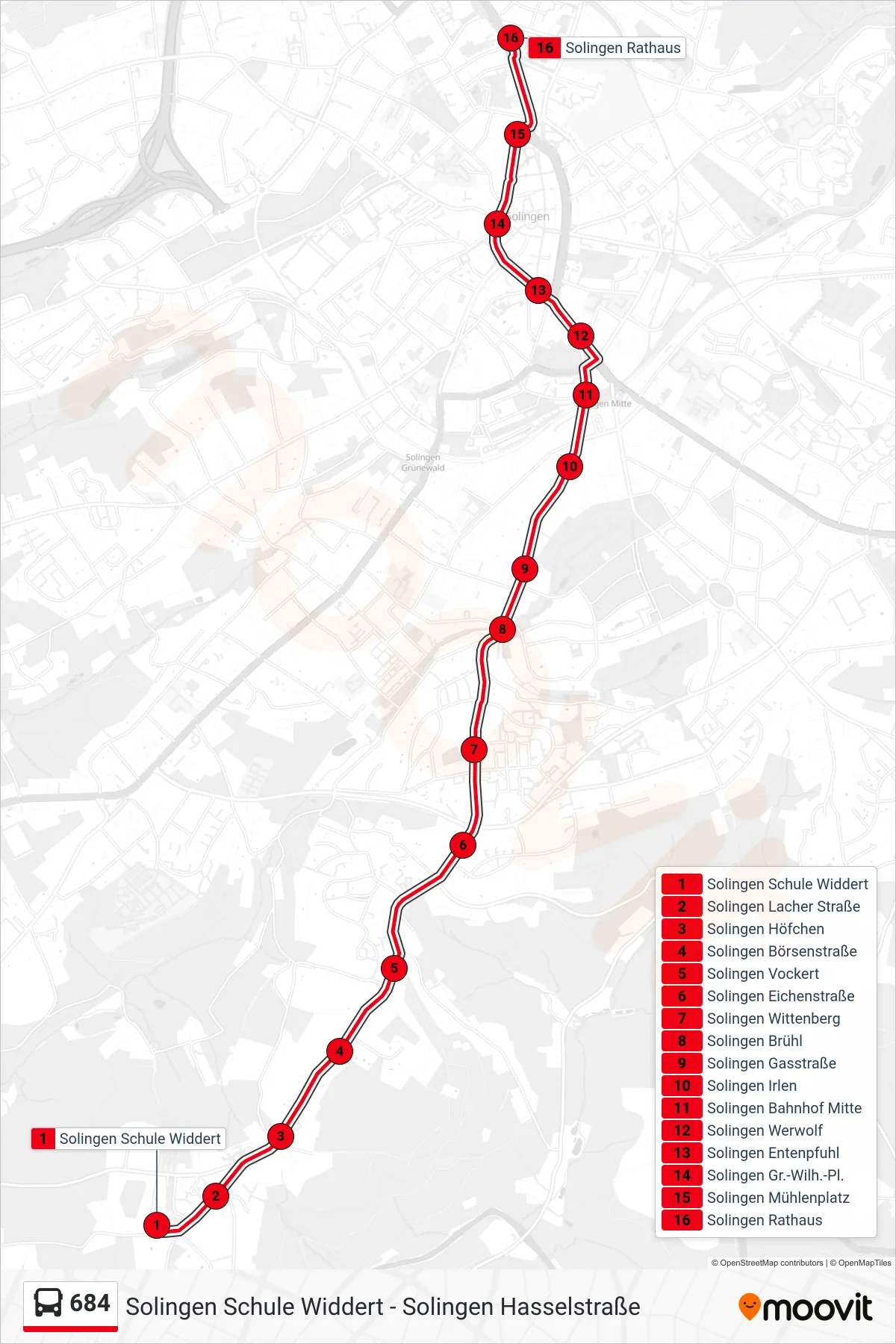 Linie 684 (Bus) Richtung Solingen Rathaus: Route und Haltestellen auf der Karte