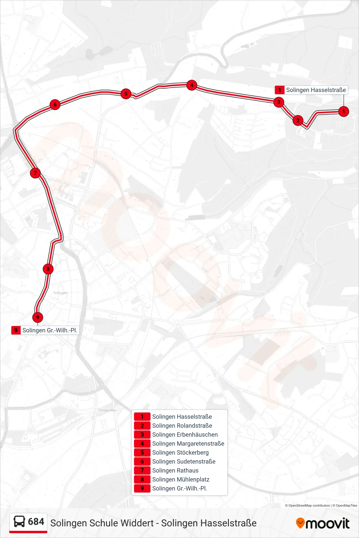 684 bus Line (Solingen Gr.-Wilh.-Pl.) route and stops on a map