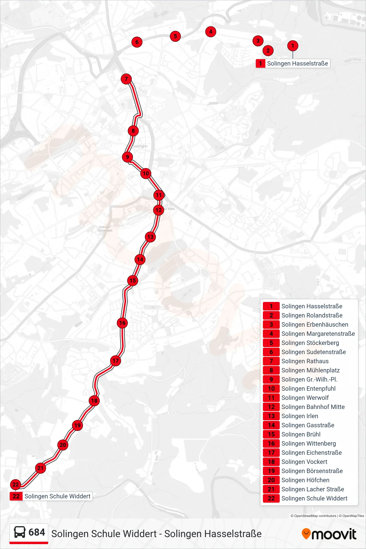 Linie 684 (Bus) Richtung Solingen Schule Widdert: Route und Haltestellen auf der Karte