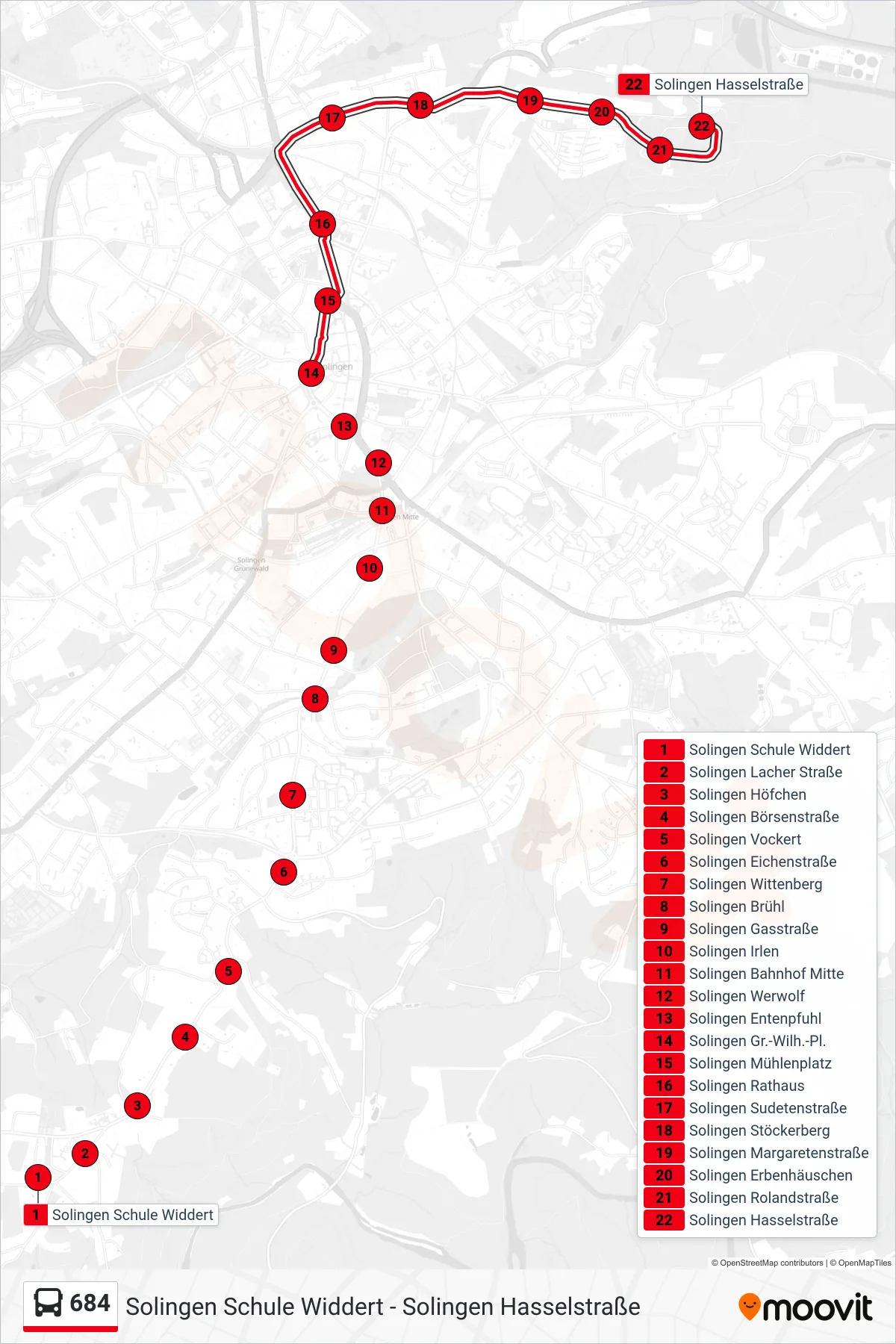 Linie 684 (Bus) Richtung Solingen Hasselstraße: Route und Haltestellen auf der Karte