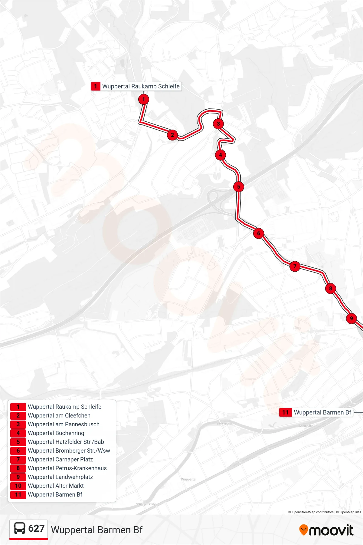 Linie 627 (Bus) Richtung Wuppertal Barmen Bf: Route und Haltestellen auf der Karte