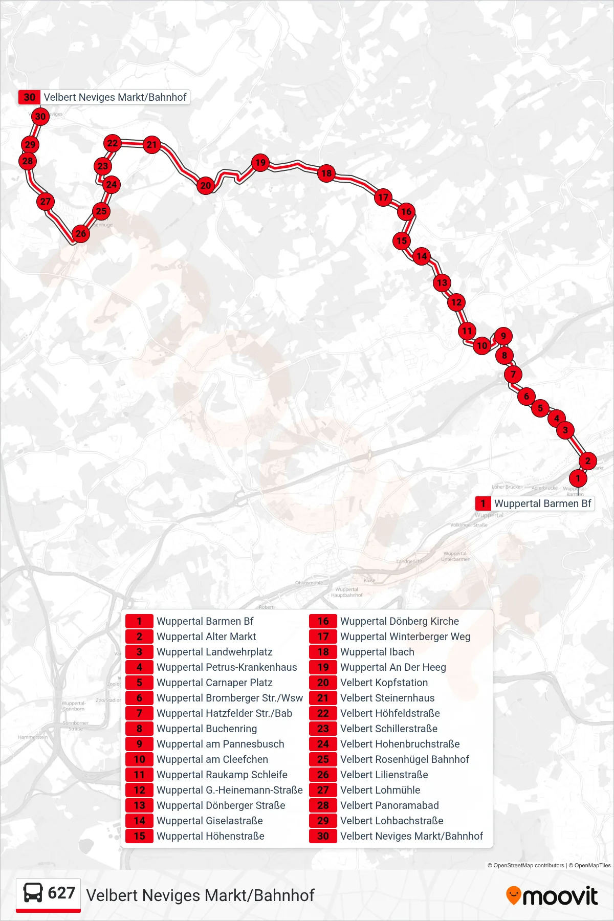 627 bus Line (Velbert Neviges Markt/Bahnhof) route and stops on a map
